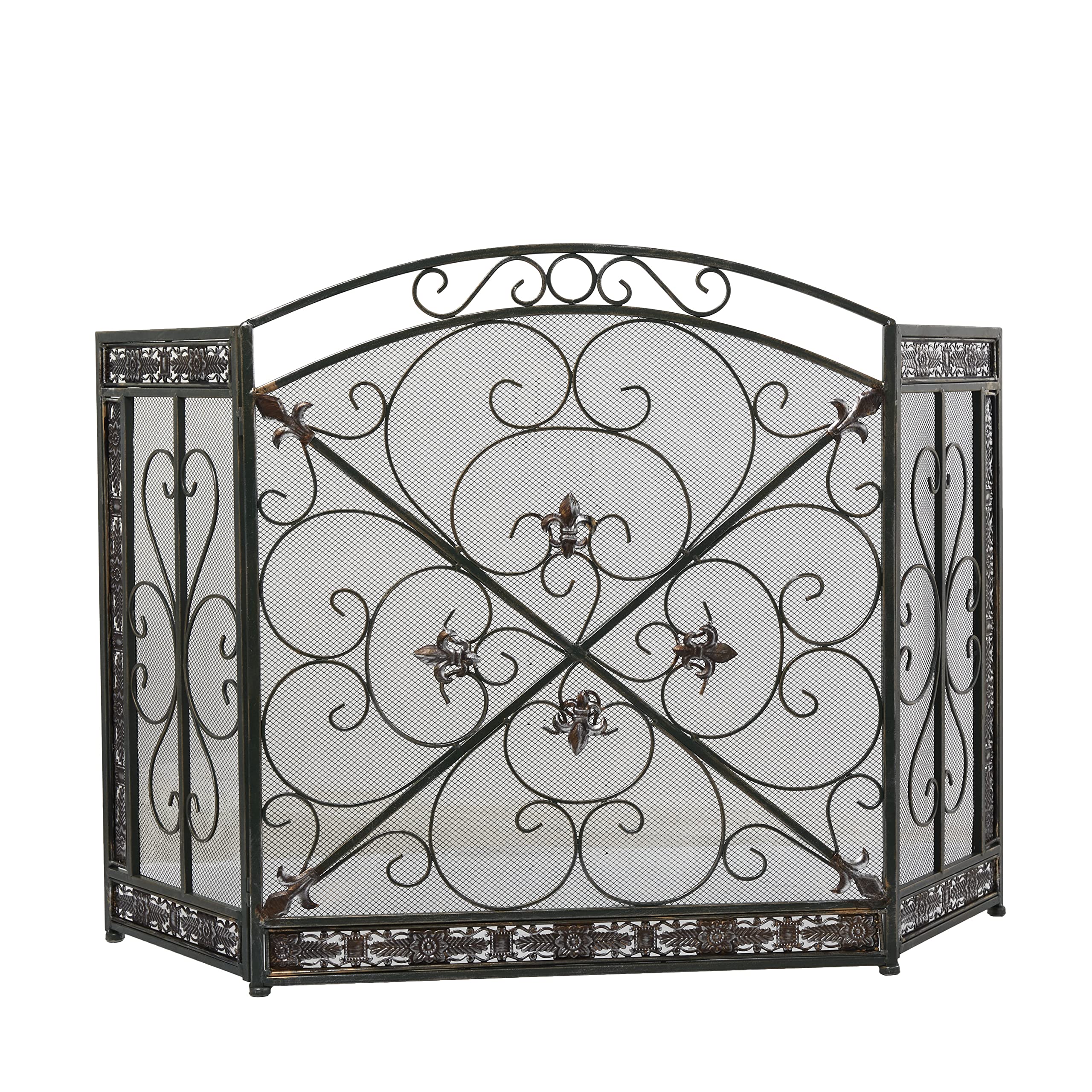Deco 79 Malla de Malla Plegable de Metal para Chimenea, 3 Paneles, con diseños de Flor de lis y volutas, 52 x 1 x 31 Pulgadas, Color Negro