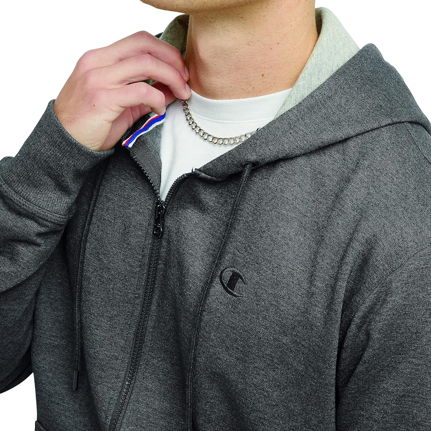 Champion Men's Zip-Up Hoodie, Powerblend, Zip-Up Hoodie Sweatshirt for Men (Reg. or Big & Tall) Standard Medium Granite Heather C Logo