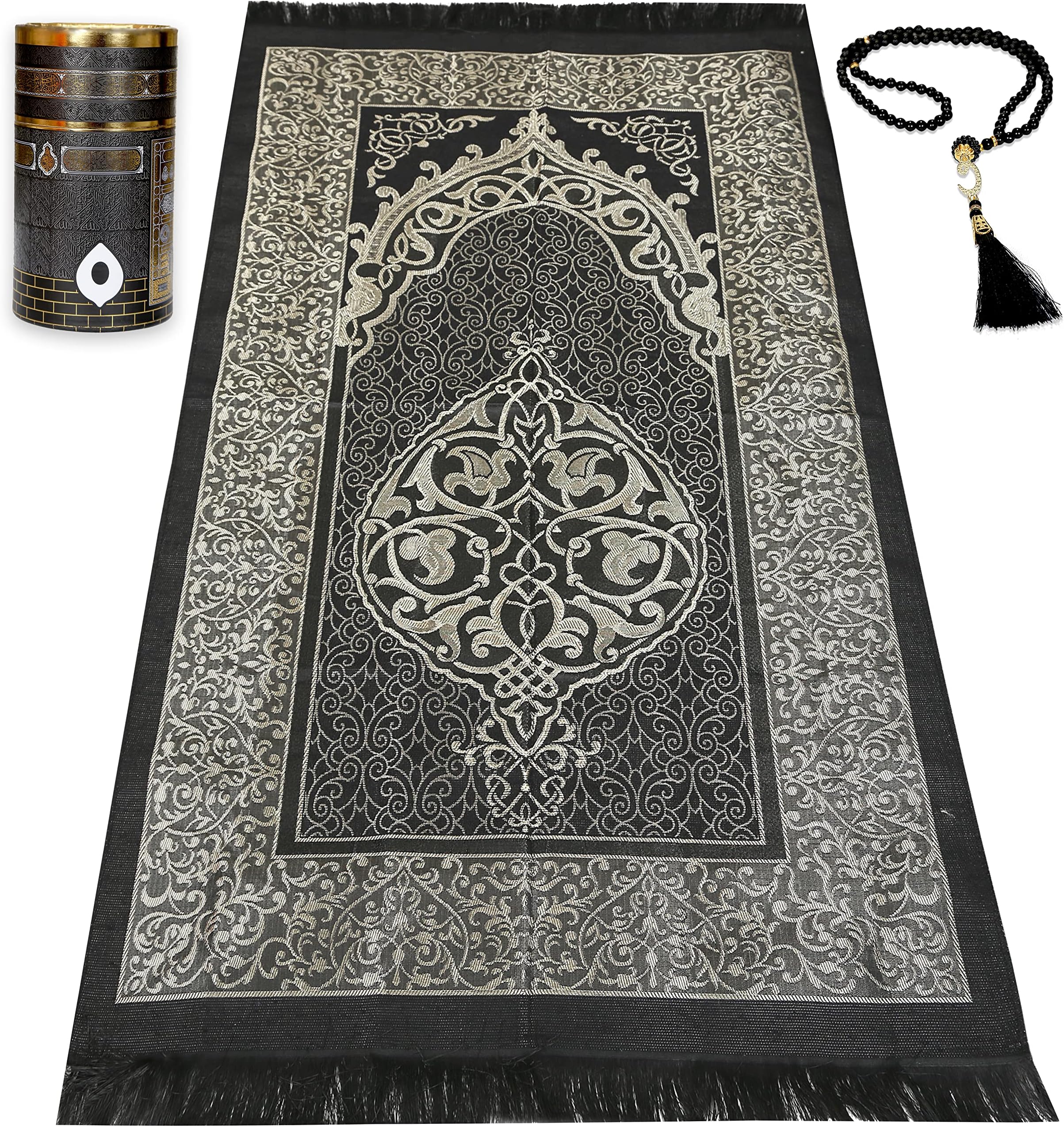 Muslim Prayer Rug Islam and Beads, Kaabe Design Box Eid, Ramadan and Islamic Gifts Prayer Rug Salah Mat Taffeta Fabric Black Soft Prayer Mat Men and Women (Black)