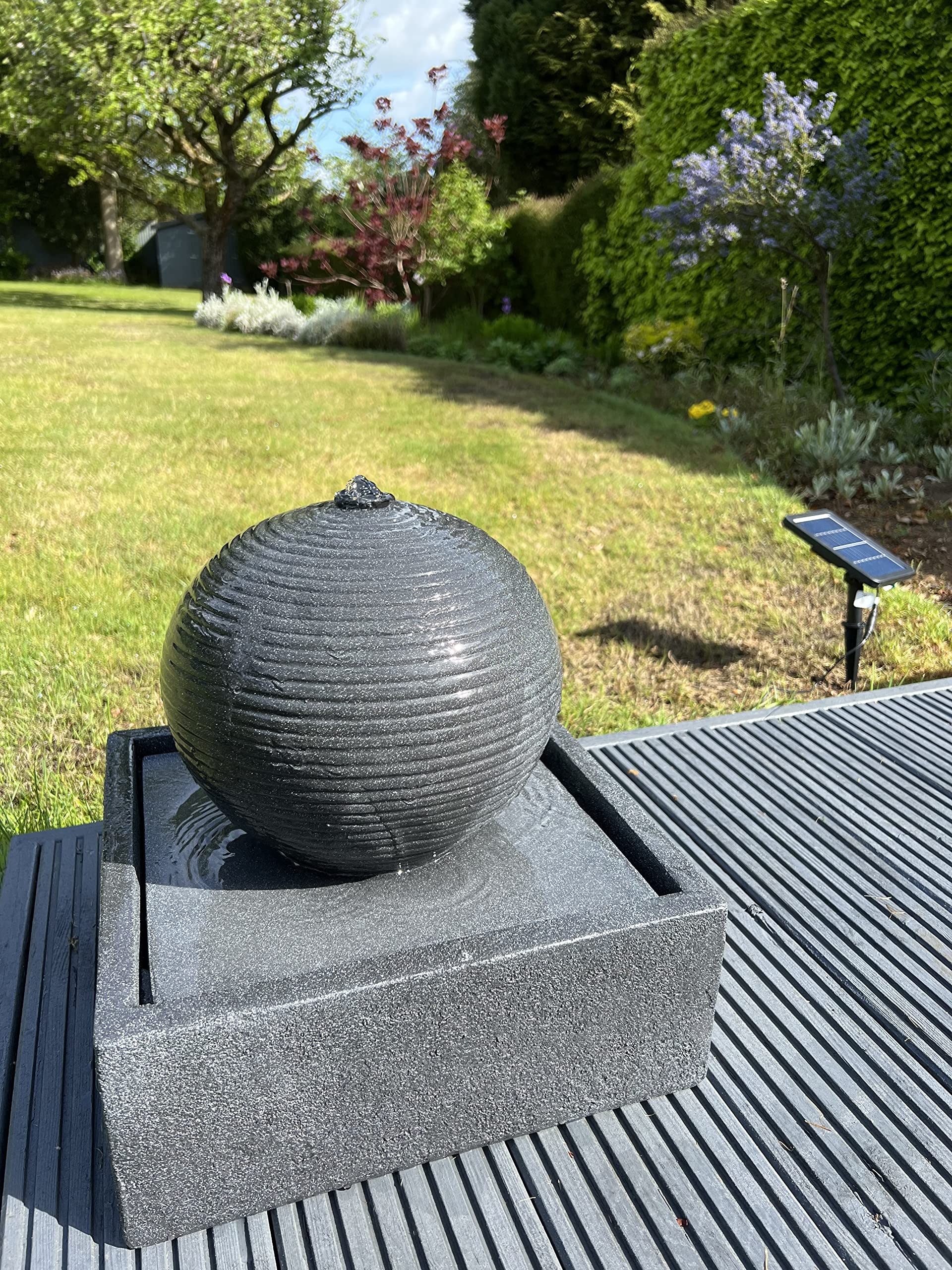 Allpondsolutions Black Globe On Plate Box Garden Water Feature With Led Lights - Solar Powered Panel - 33X37x37cm