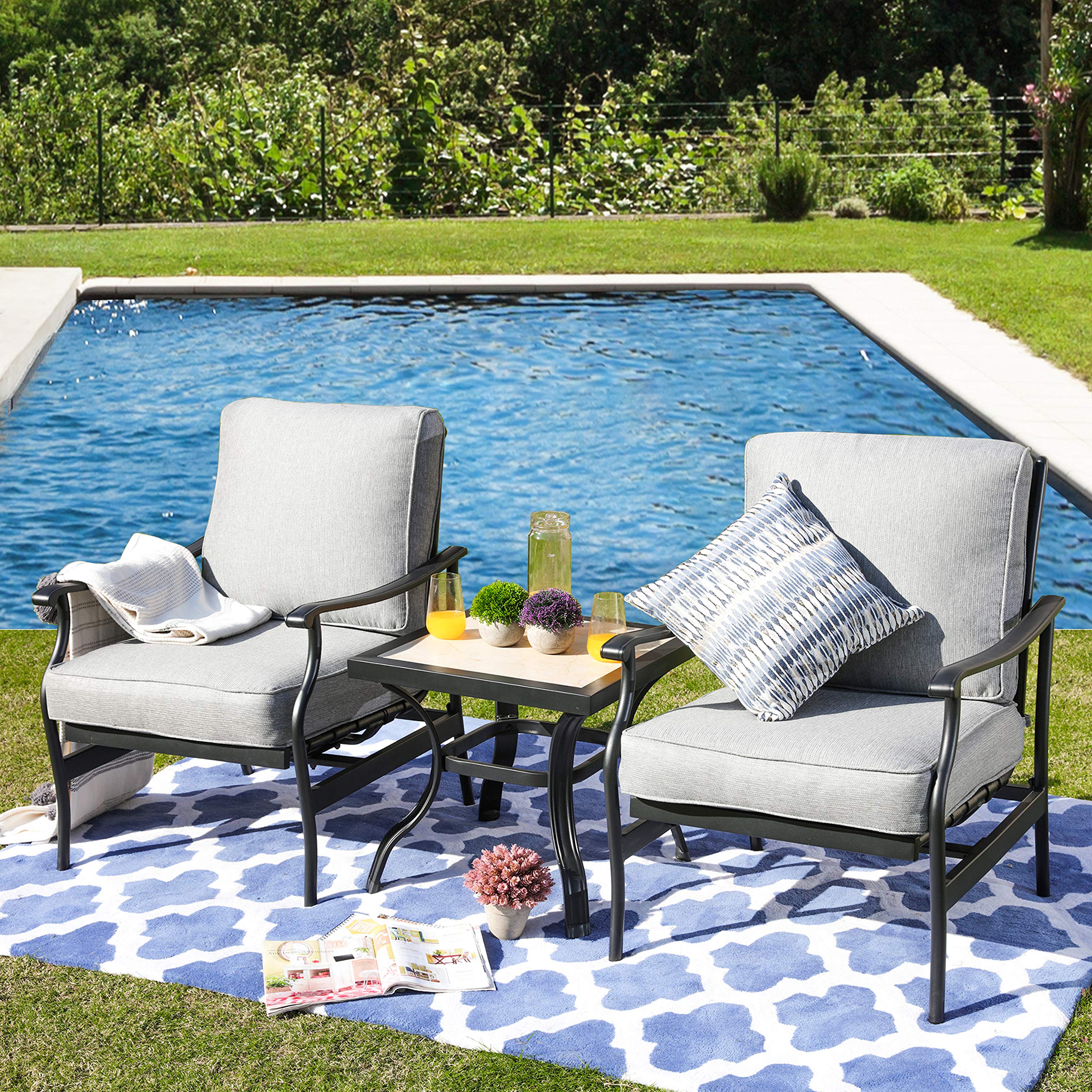 LOKATSE HOME3 Pcs Outdoor Conversation Furniture Patio Bistro Set Modern Metal Chair with Cushion & Square Coffee Table, Grey