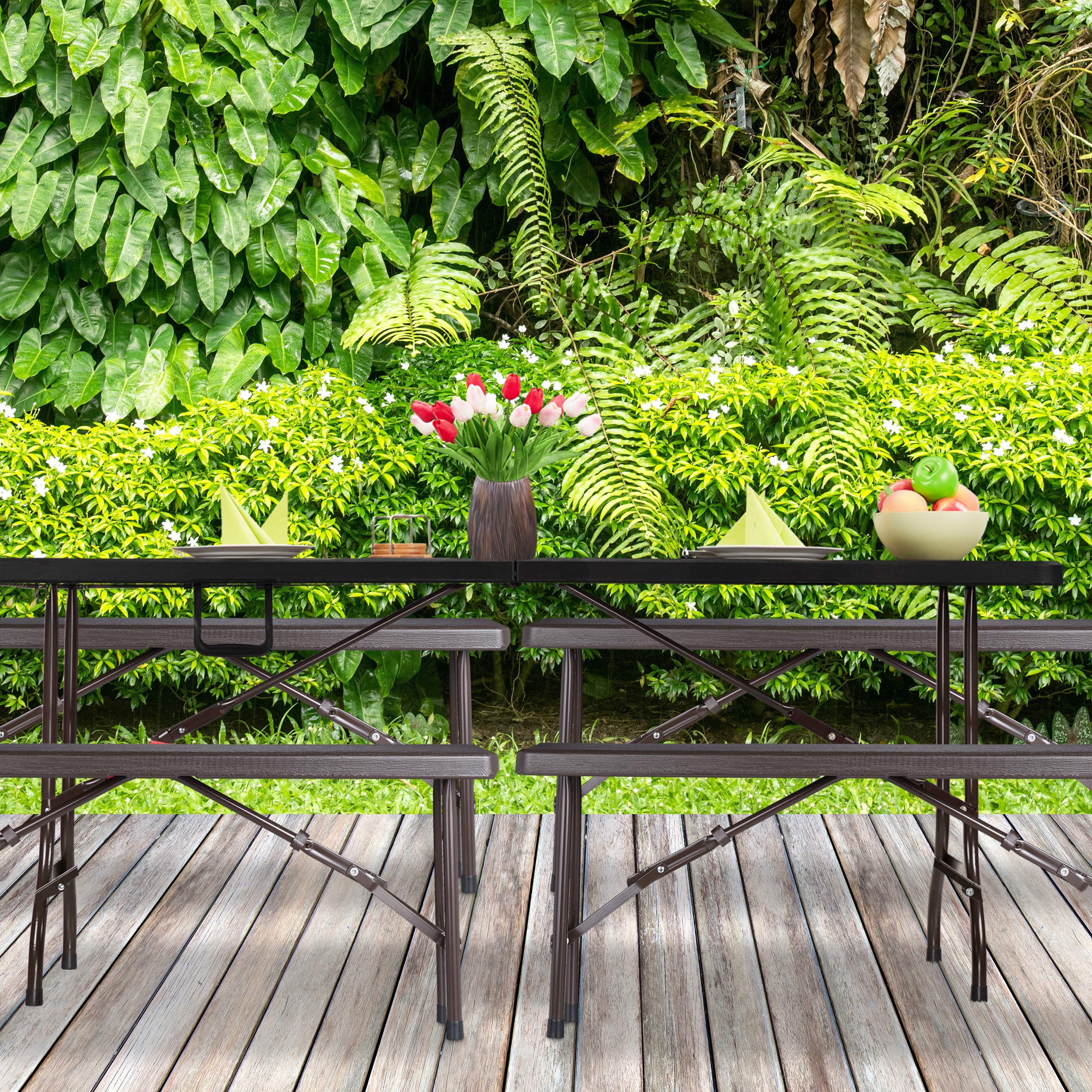 Relaxdays Panchina Pieghevole, Set da 2 Panche da Birreria Terrazza & Giardino, Effetto Legno, HLP 42x100x25 cm, Marrone