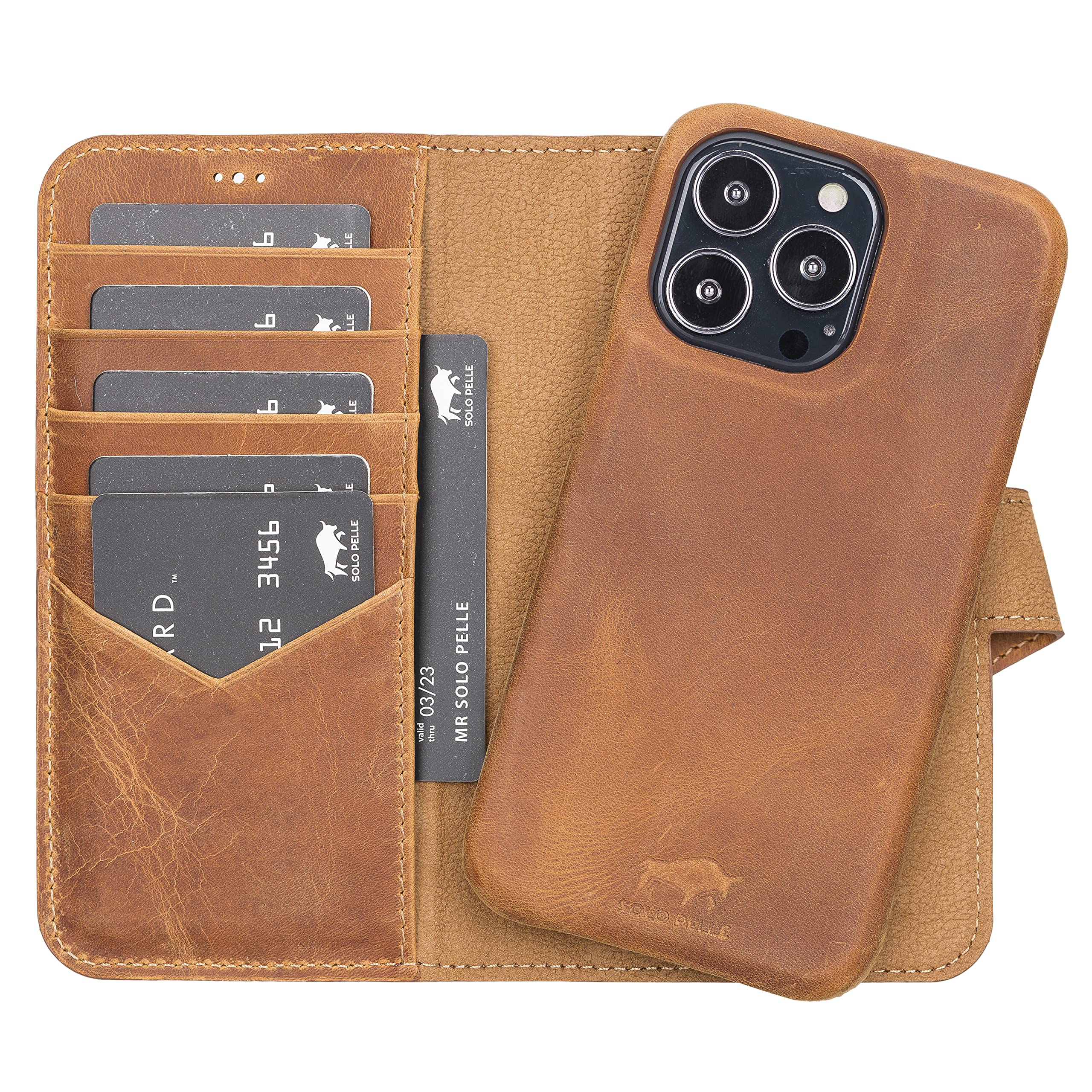 Solo Pelle Lederhülle kompatibel für iPhone 13 Pro in 6.1 Zoll abnehmbare Hülle (2in1) inkl. Kartenfächer für das original Apple iPhone 13 Pro (Vollleder Camel Braun)