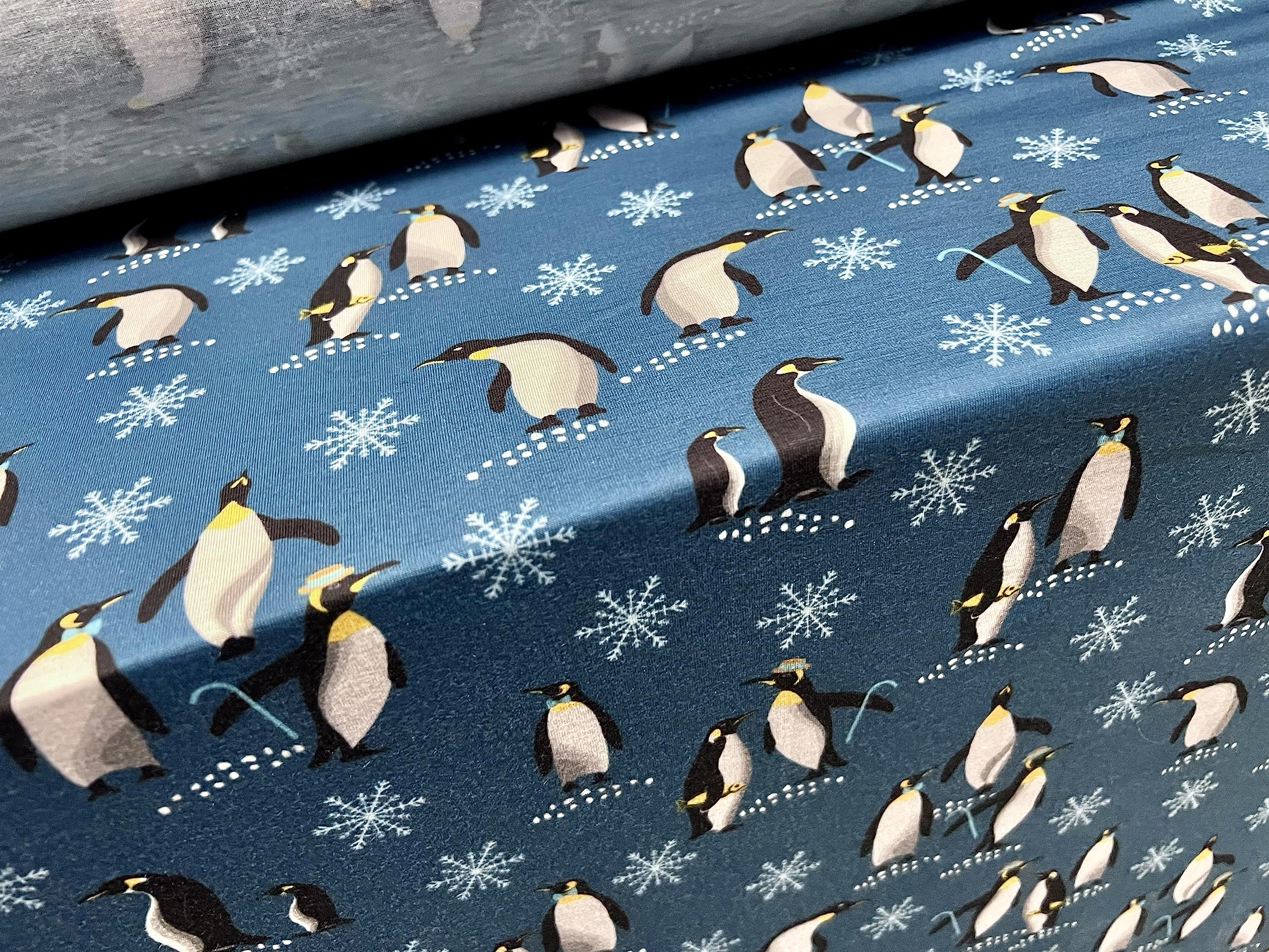 GenericSoft Handle Stretch Single Jersey Fabric, per metre - Penguins Print - Dark Turquoise