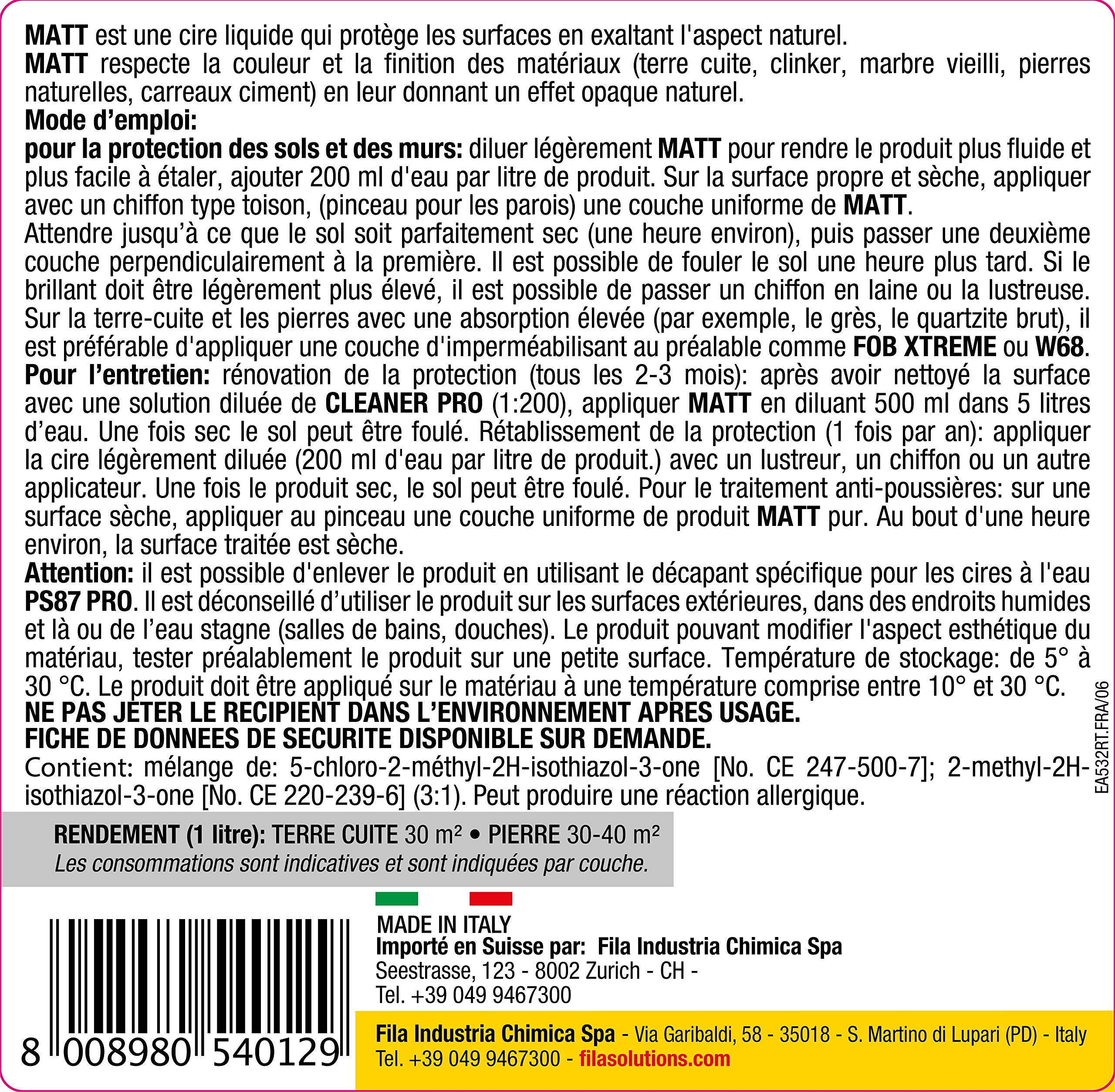 FILA Surface Care Solutions, MATT, Cire de Protection Auto - Nivelant à Effet Naturel pour terre cuite, clinker, marbre vieilli et pierre naturelle, 1L