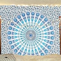 Vista 47 de Bless International - Tapiz de cama para colgar en la pared con mandala de pavo real bohemio y psicodélico (azul dorado, rosa, tamaño Queen