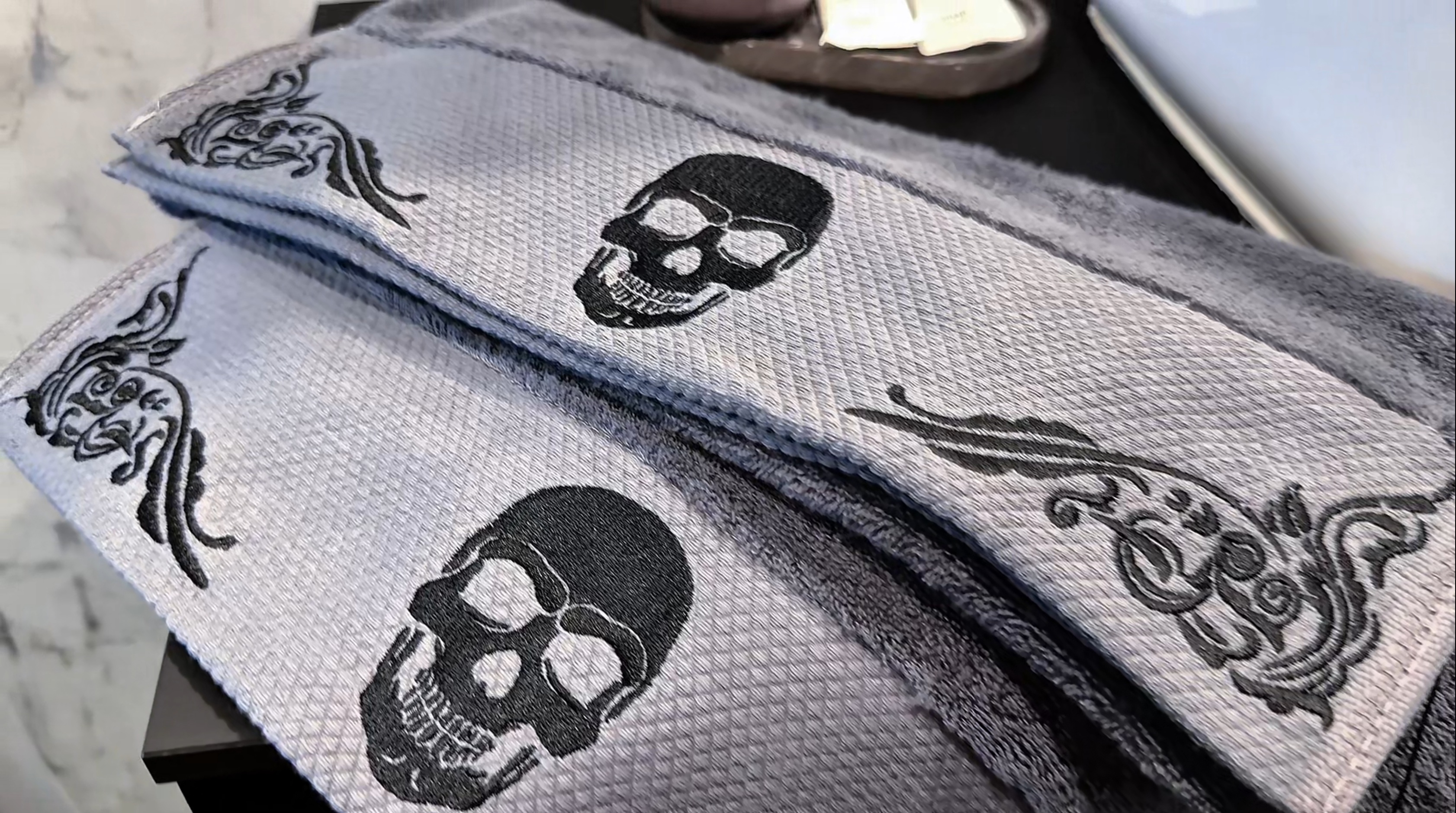 Skullistic Gothic Skull Embroidery Hand Towel 2pcs Set, 100