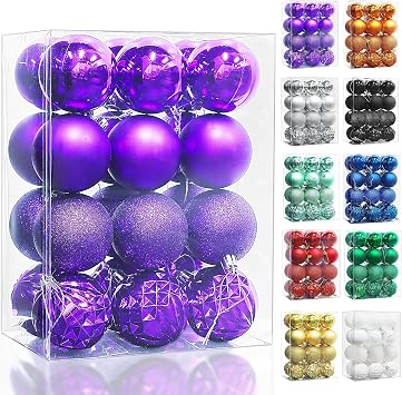 Lulu Home Halloween Ball Ornaments, 24 Ct 2.36" Pre-Strung Hanging Ornament Decorations, Shatterproof Plastic Balls for Holiday Party Wreath Garlands Trees, Dark Purple