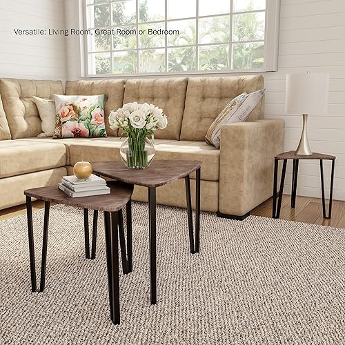 Miniatura 7 de LAVISH HOME Juego de 3 anidados, aspecto moderno de grano de madera para mesas de centro o mesitas de noche, muebles de decoración contemporánea