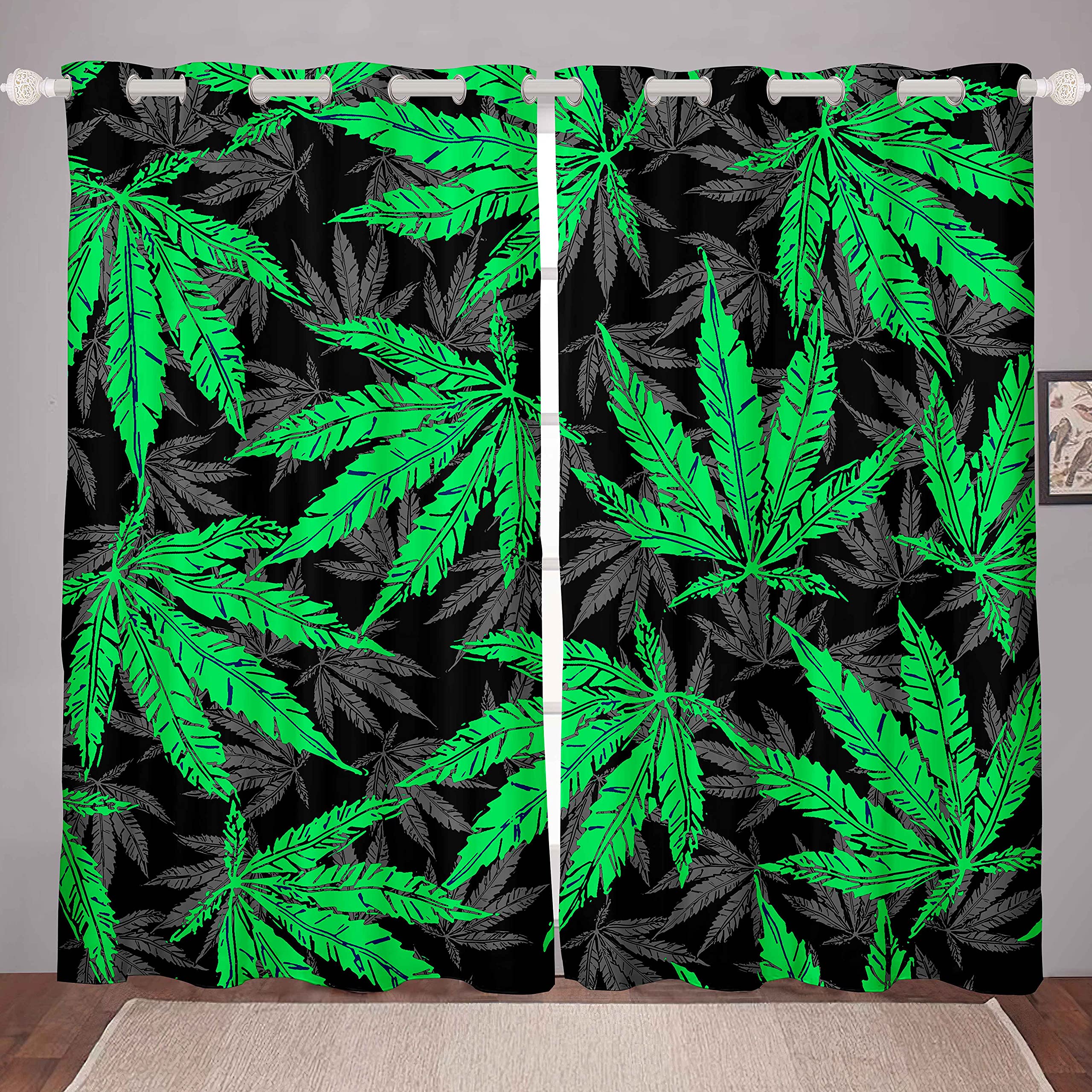 Cannabis Leaves Curtains Marijuana Leaf Curtains for Bedroom Living Room for Kids Adults Marijuana Weed Green Leaf Windows Drapes Hemp Botanical Room Decoration,W46*L72