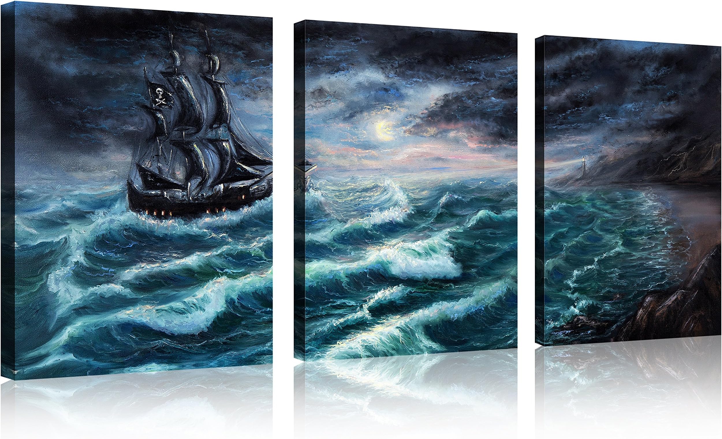 QICAI 3 Panel Pirate Ship Canvas Print 12"x16" Pirate Canvas Pirate Canvas Art Sailboat Pictures for Home Decor Wave Sailboat Wall Art Seascape the Picture for Home Decor Decoration, Ready to Hang