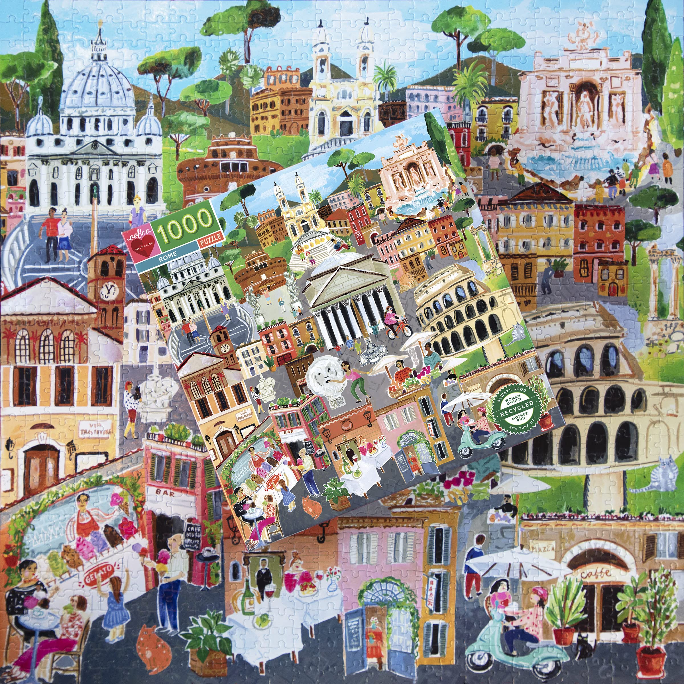 eeBoo Cartone riciclato per adulti, puzzle 1000 pezzi sulla città di Roma in Italia, dimensioni: 58,4 x 58,4 cm, PZTROM, multicolore