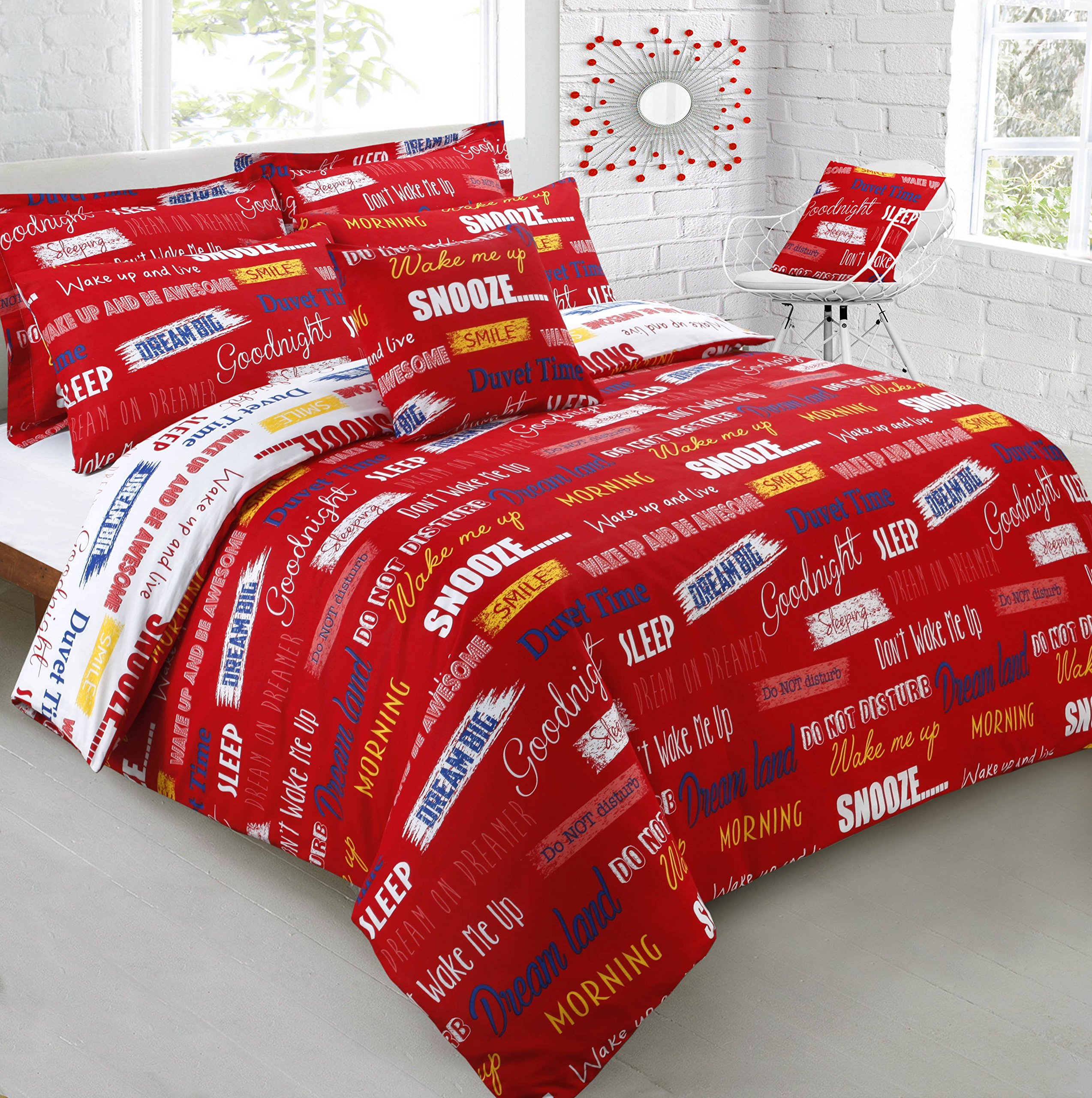 HBS Ltd Single Bed Duvet/Quilt Cover Bedding Set Reversible Red Wake Me Up Slogans