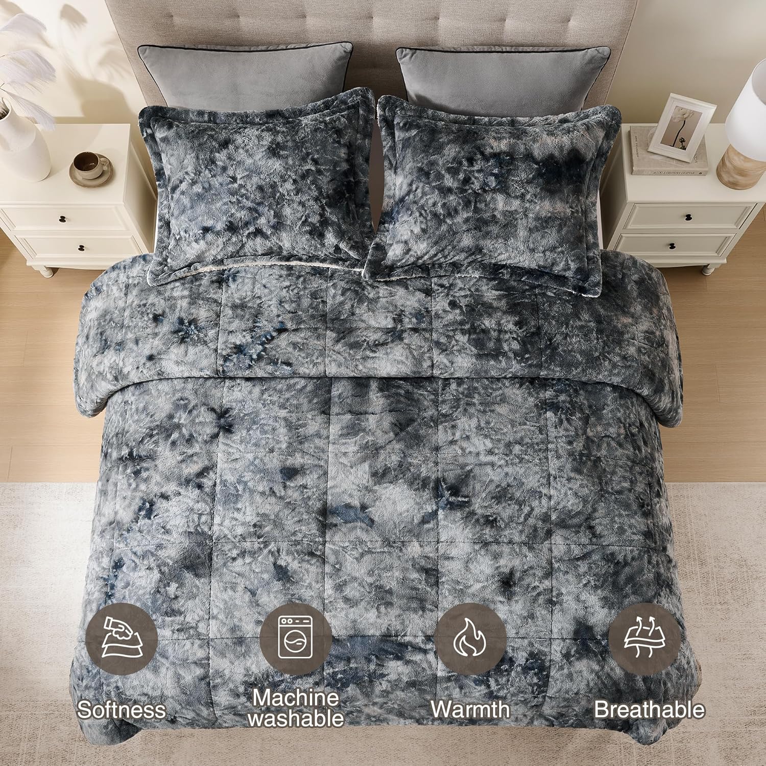 UNIKOME Sherpa Comforter Set Queen Size 3 Pieces,Soft Fleece Comforter Set,Warm Fluffy Plush Winter Bedding Set,Luxury Fuzzy Bed Set with Reversible Comforter & 2 Pillow Shams