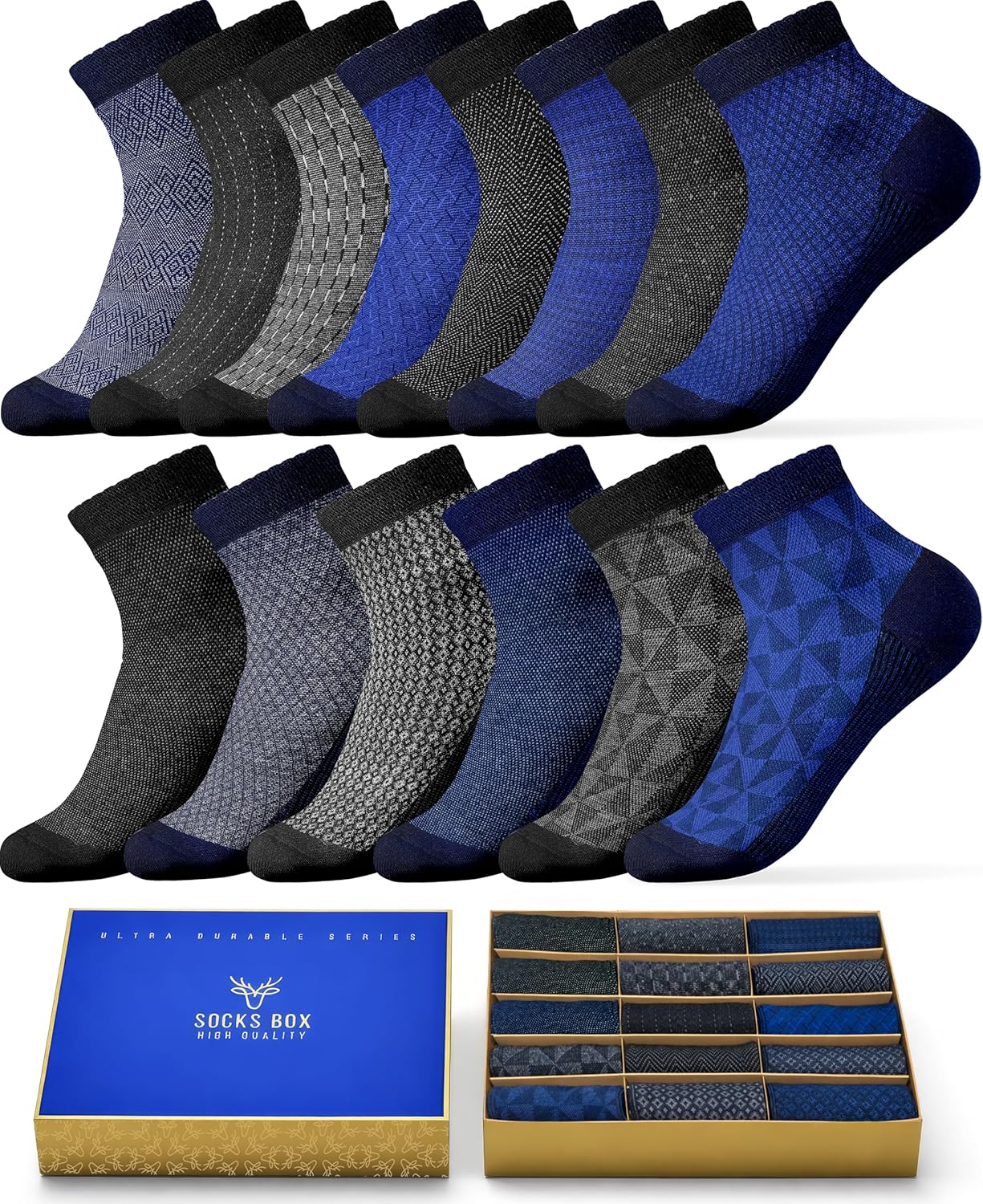 Mens Ankle Socks, Premium Quality Bamboo Rayon Ankle Socks, Patterned, 15 Pairs, Gift Box, MA1501