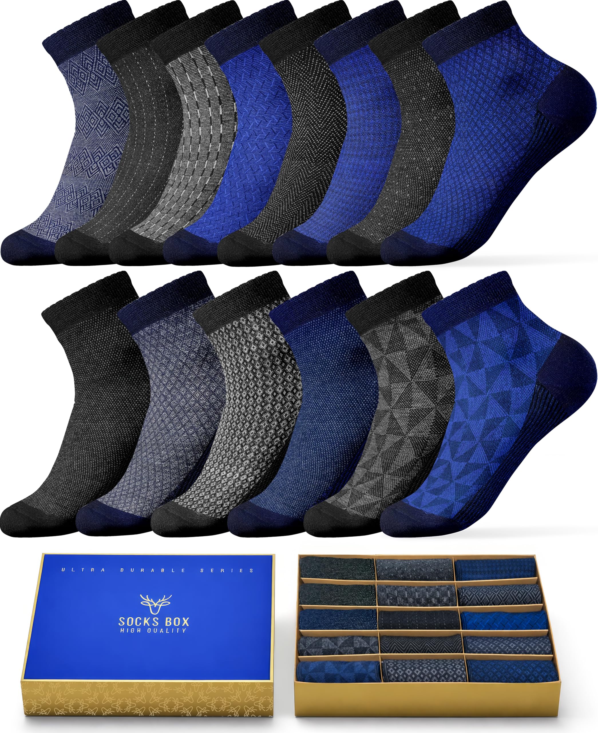 Mens Ankle Socks, Premium Quality Bamboo Rayon Ankle Socks, Patterned, 5 Pairs, Gift Box, Size 8-13