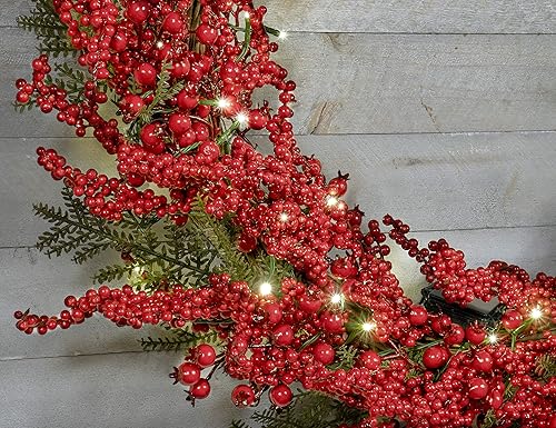 Vista 10 de Red Co. Corona de Navidad iluminada de 22 pulgadas con arándanos rojos, luces LED a pilas con temporizador