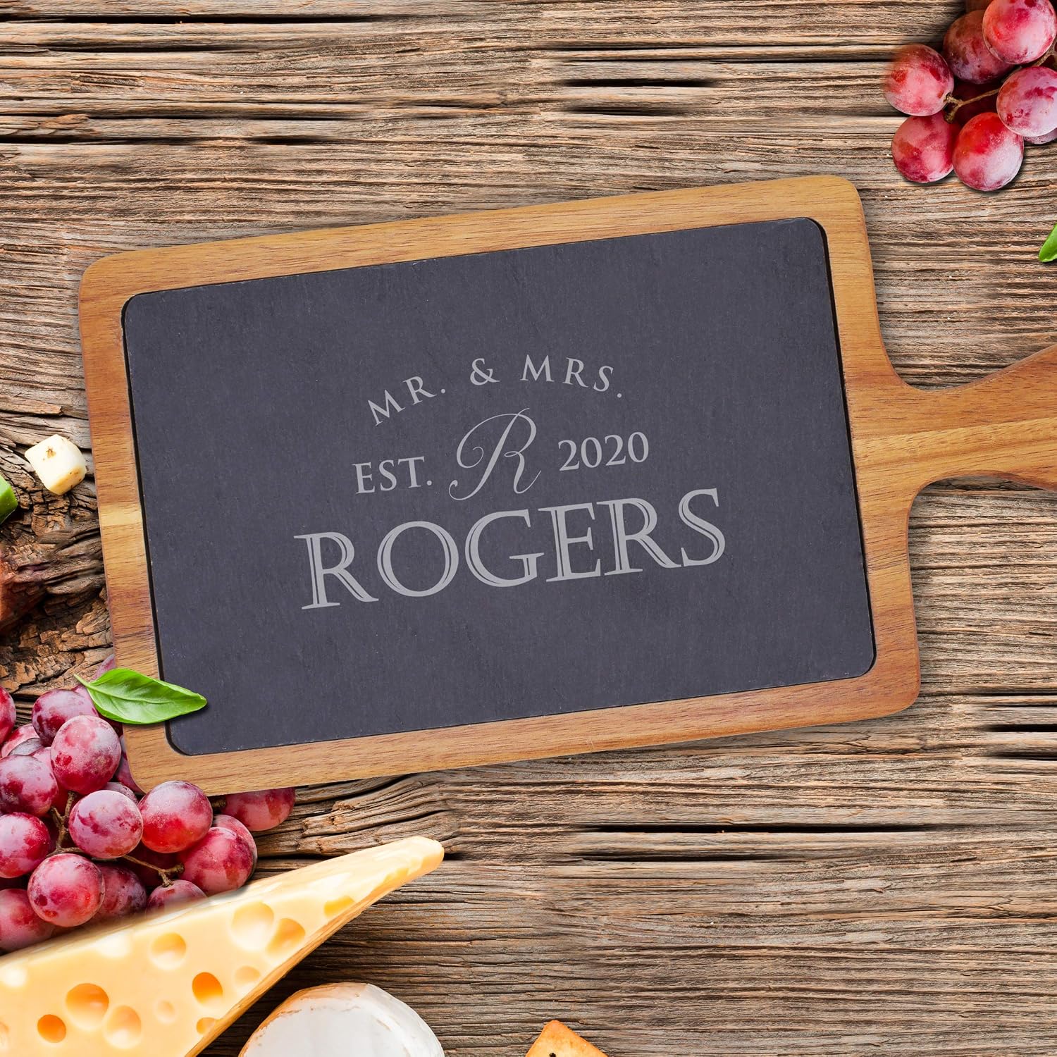 Personalized Acacia and Slate Charcuterie and Cheese Wood Serving Boards for Couples, Weddings, Anniversaries (Rectangle Couples Style 13" x 7")