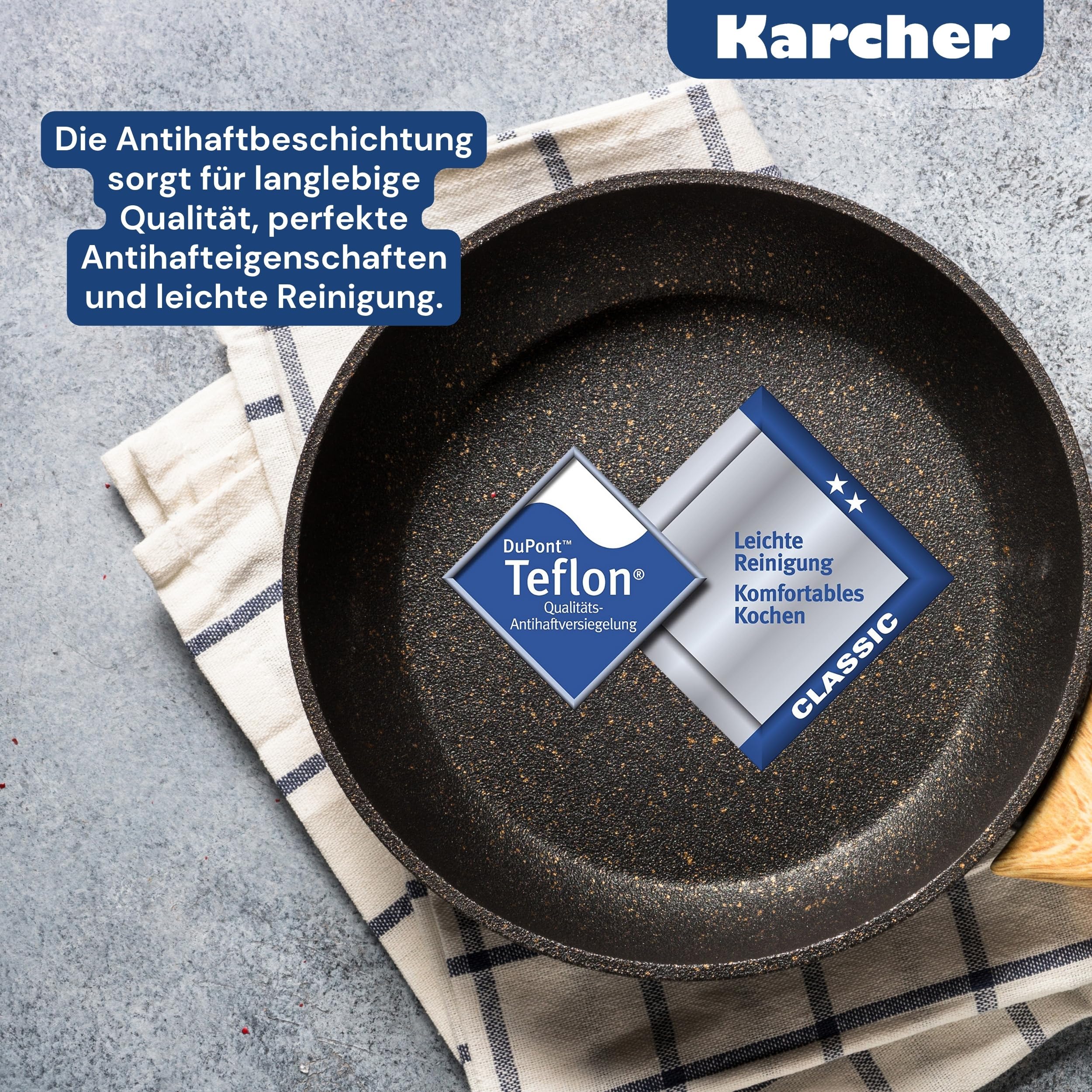 Karcher Kochtopfset Aluguss 12-teilig – Topfset mit Teflon Classic Antihaftbeschichtung, Glasdeckeln & Thermogrips – für alle Herdarten außer Induktion, backofenfest & spülmaschinengeeignet