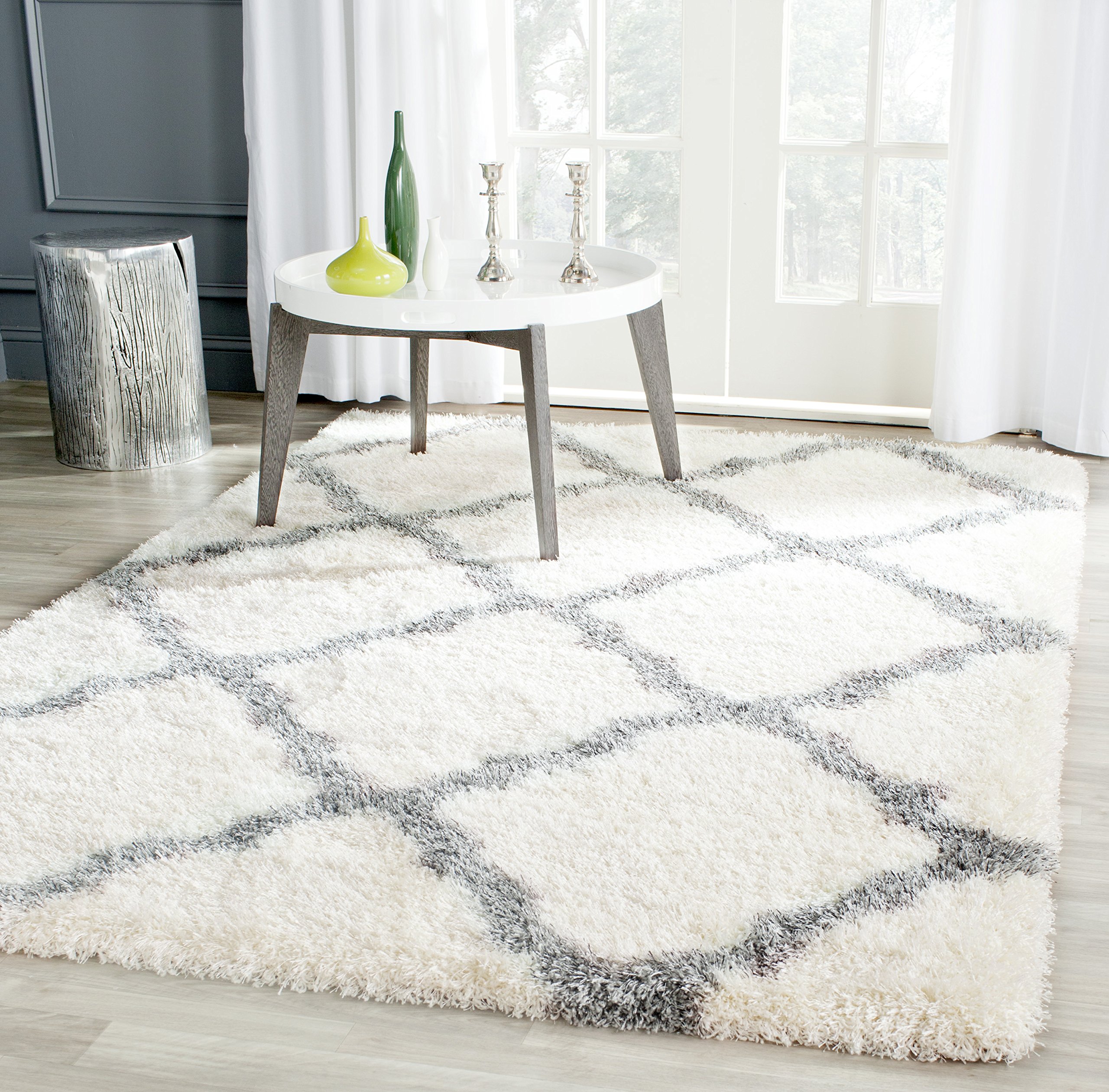SAFAVIEH Montreal Shag Collection 4' x 6' Ivory/Grey SGM866B Trellis Non-Shedding Living Room Bedroom Dining Room Entryway Plush 2-inch Thick Area Rug