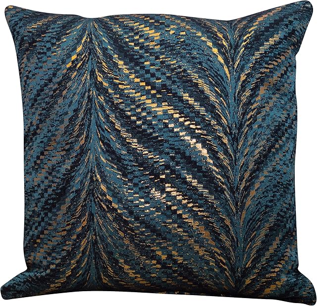 Linen Loft Luxury Metallic Feather Fan Cushion Cover in Teal Blue with Reflective Copper and Gold Detailing. Double Sided, 17x17 Square Pillowcase. Art Deco Inspired Design. Handmade in the UK.