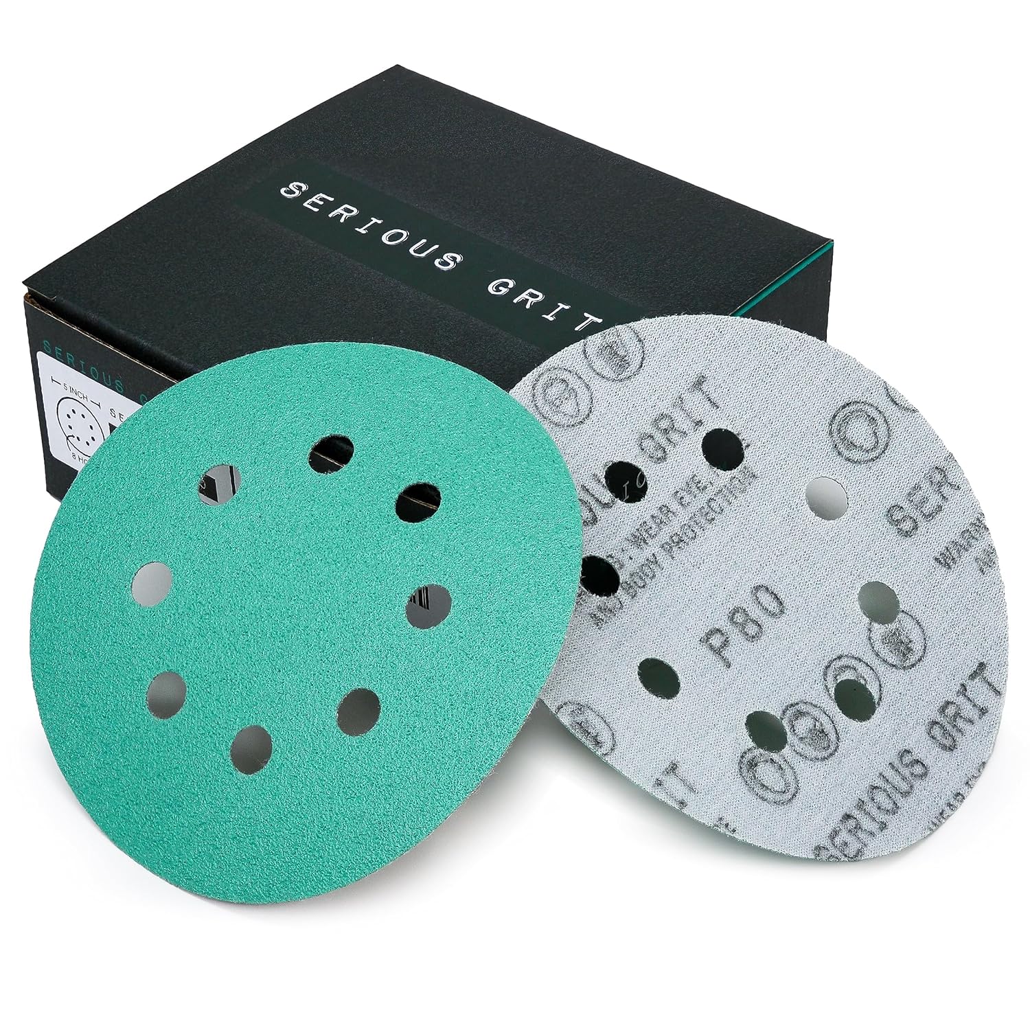 Serious Grit 5 Inch 8 Hole 80 Grit Sanding Discs - Durable Hook & Loop Wet/Dry Film Sandpaper for Orbital Sanders, Wood/Metal/Auto, 50 Pack