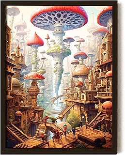 Fairy Tale Mushroom Decor Aesthetic Pictures - 12x16 Trippy Mushroom Poster, Psychedelic Room Decor, Magic Hippie Wall Art Fantasy Mushrooms City Prints for Bedroom (UNFRAMED)