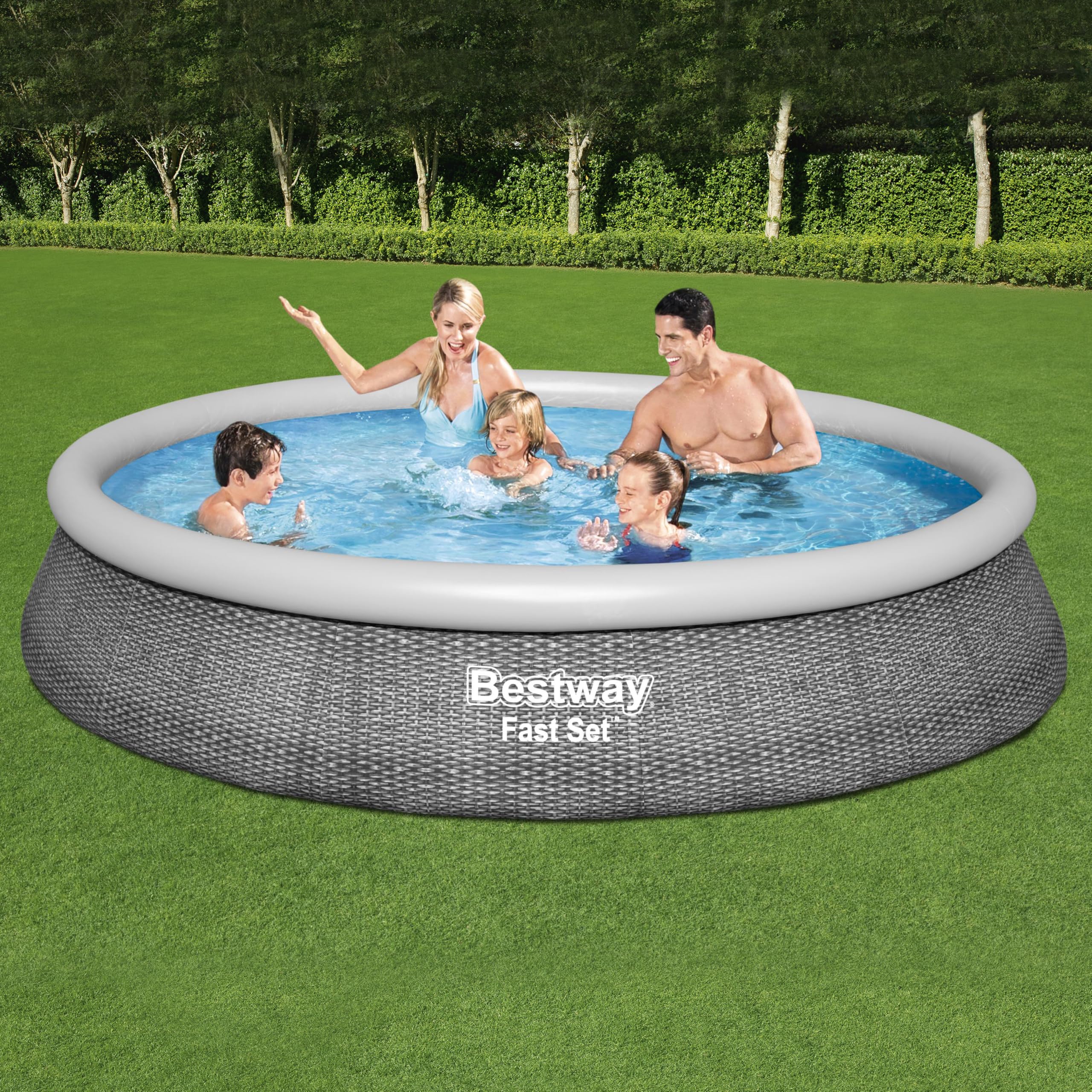 Bestway® Fast Set™ Aufstellpool-Set mit Filterpumpe Ø 396 x 84 cm, Rattan-Optik (Schiefergrau), rund
