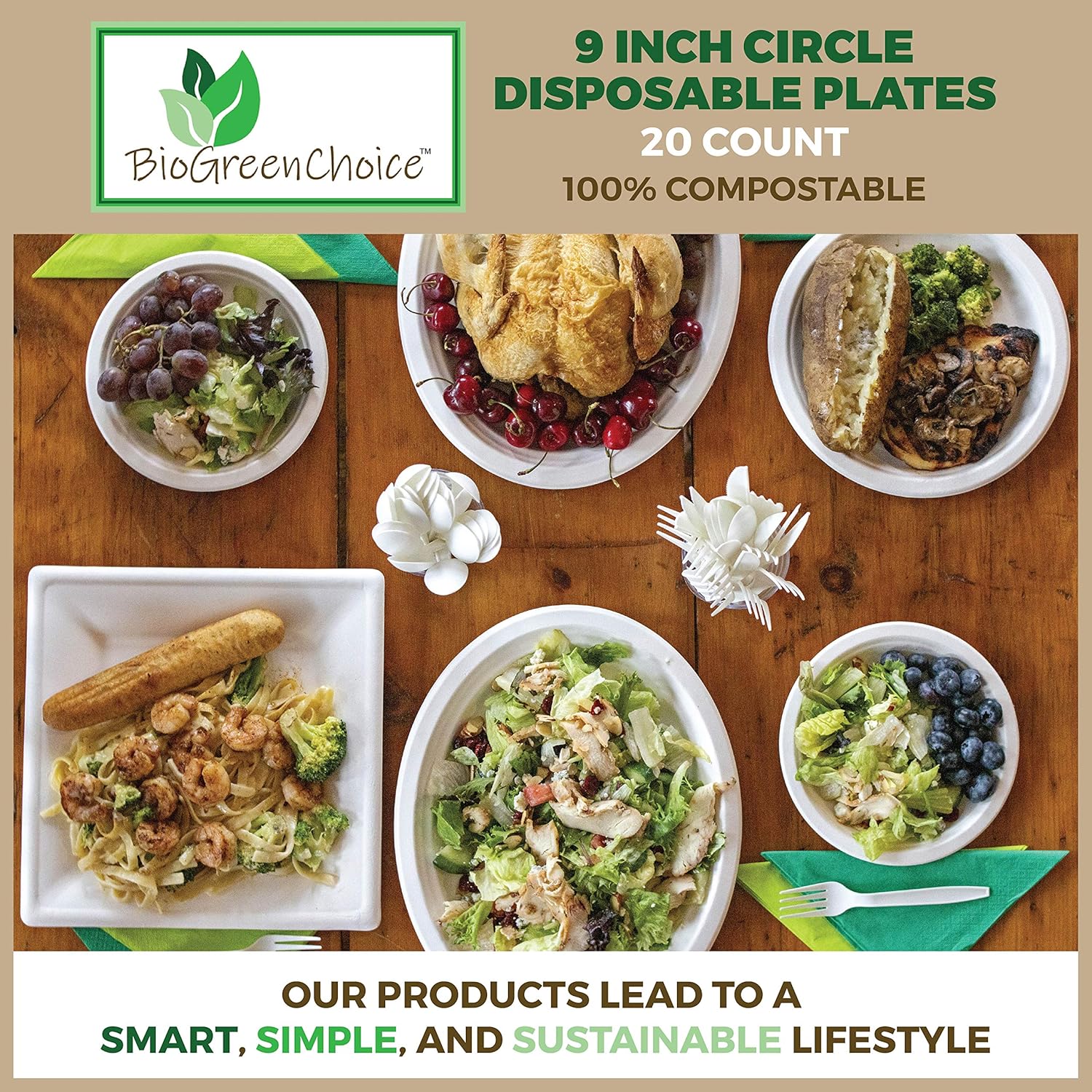 BioGreenChoice Eco-Friendly White 9 in. Eco Friendly Bagasse/Natural Sugarcane Disposable Plates (240 count- bulk), Heavy Duty Paper Plates for thanksgiving & events- Microwave safe