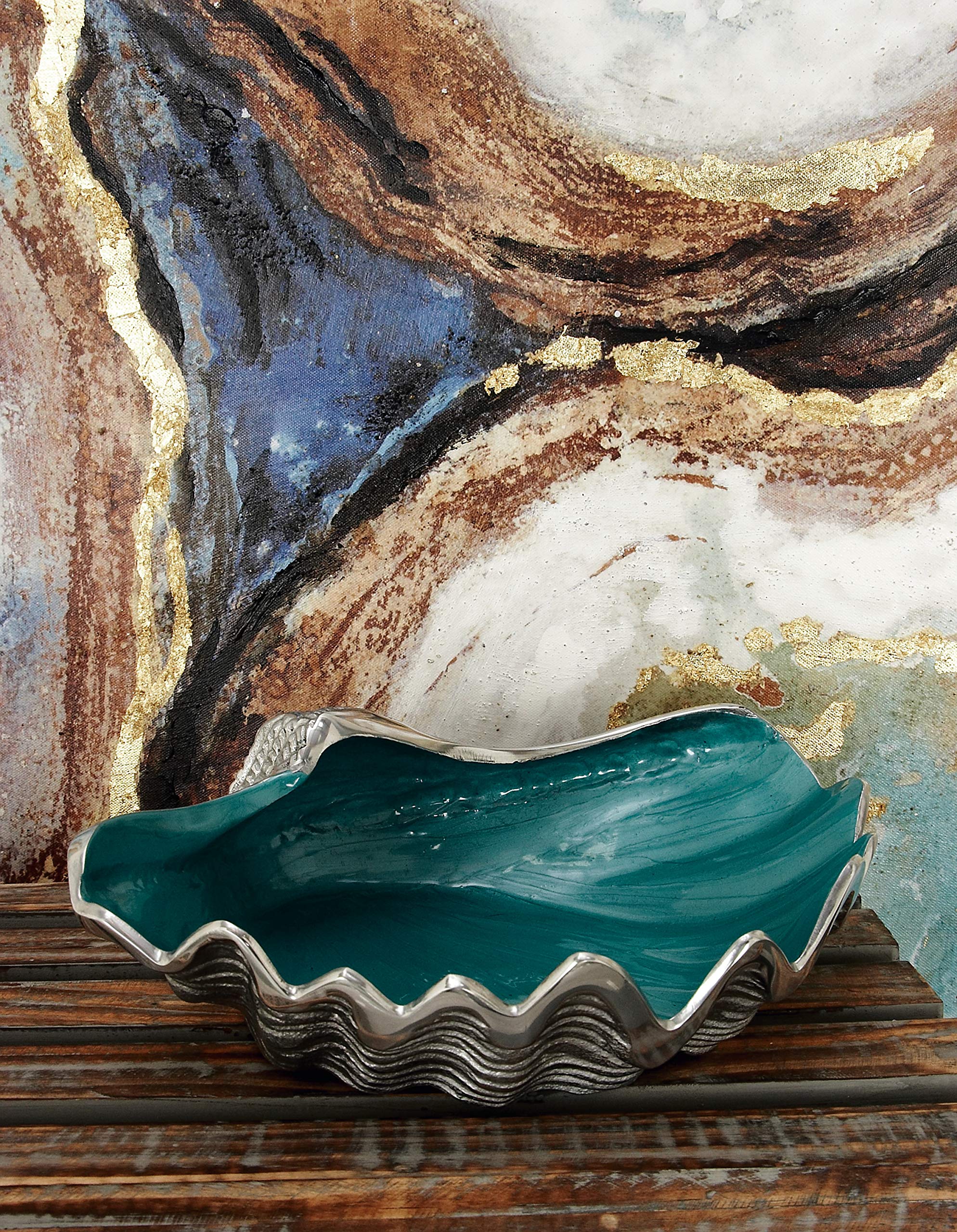 Deco 79 Aluminum Metal Shell Serving Bowl Shell with Enamel Interior, 12" x 9" x 3", Teal