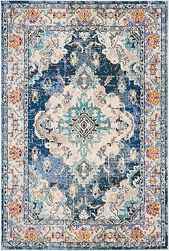 Miniatura 158 de Safavieh Tapete de área grande, colección Monaco, 11 pies x 15 pies, azul marino y celeste, diseño desgastado de medallón, no desprende pelusa