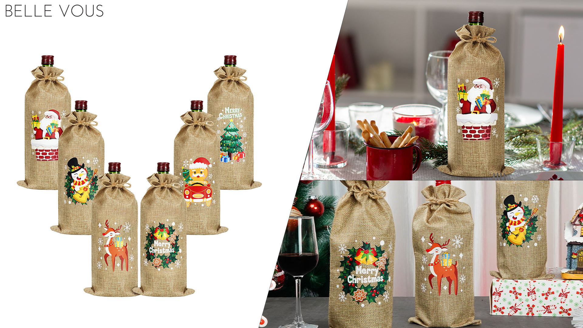 Confezione da 2 sacchetti per vino natalizi, copribottiglie, regali di Natale, decorazioni per la tavola di Natale, sacchetti per vino per matrimoni, decorazioni per la tavola di Natale - Italia