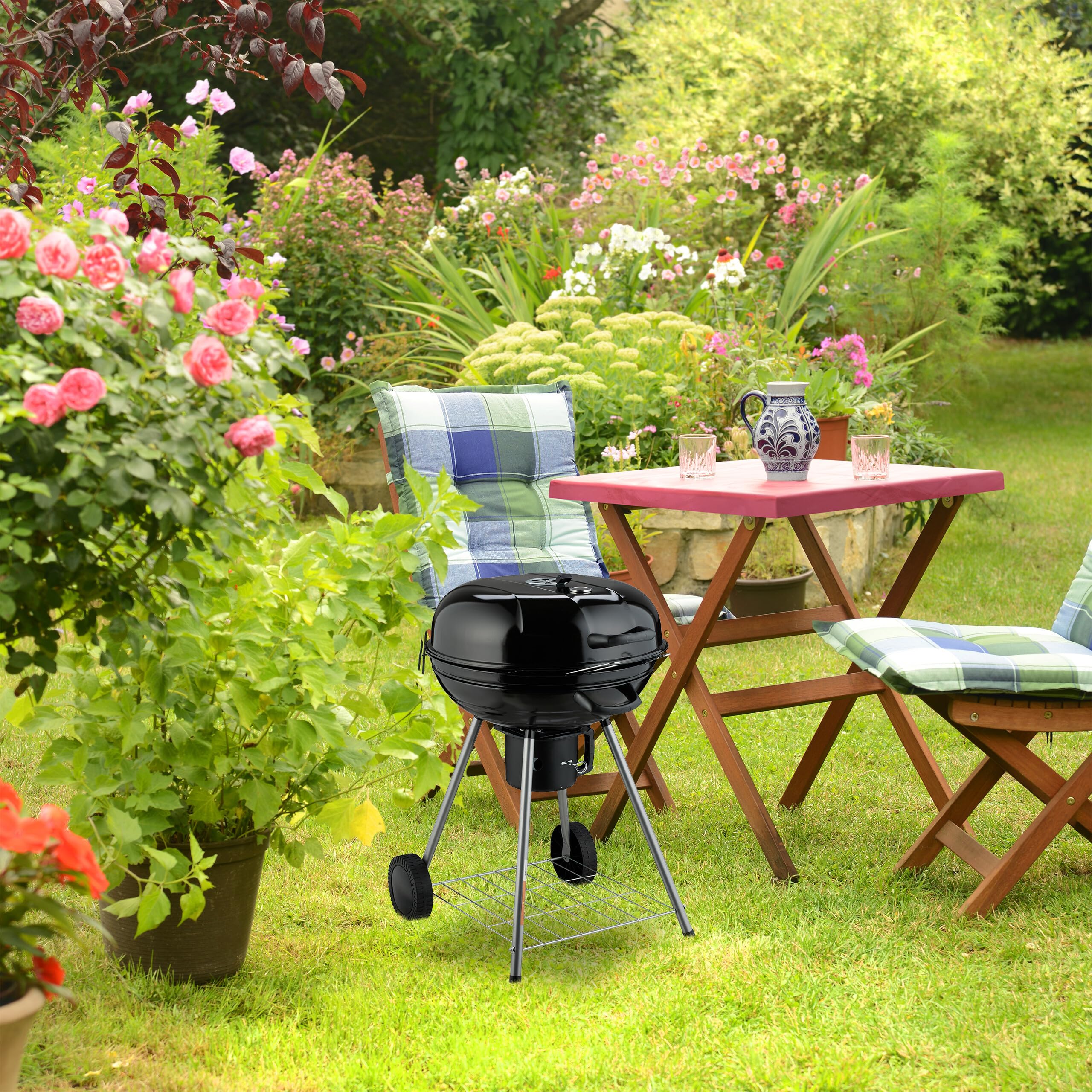 Relaxdays Barbacoa Carbón, 53cm Ø, 2 Rejillas Parrilla, Termómetro, Recogedor Cenizas, Parrillera con Ruedas, BBQ, Negro