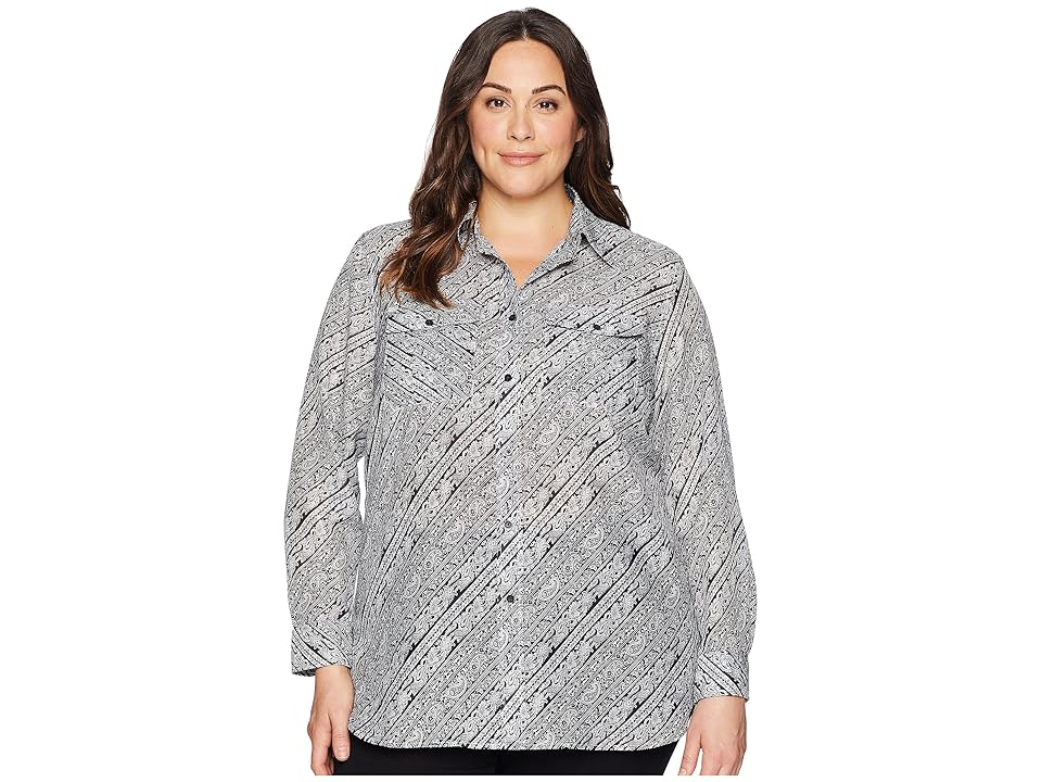 

LAUREN Ralph Lauren Plus Size Silk Cotton Voile Long Sleeve Shirt (Polo Black/Soft White) Women's Clothing