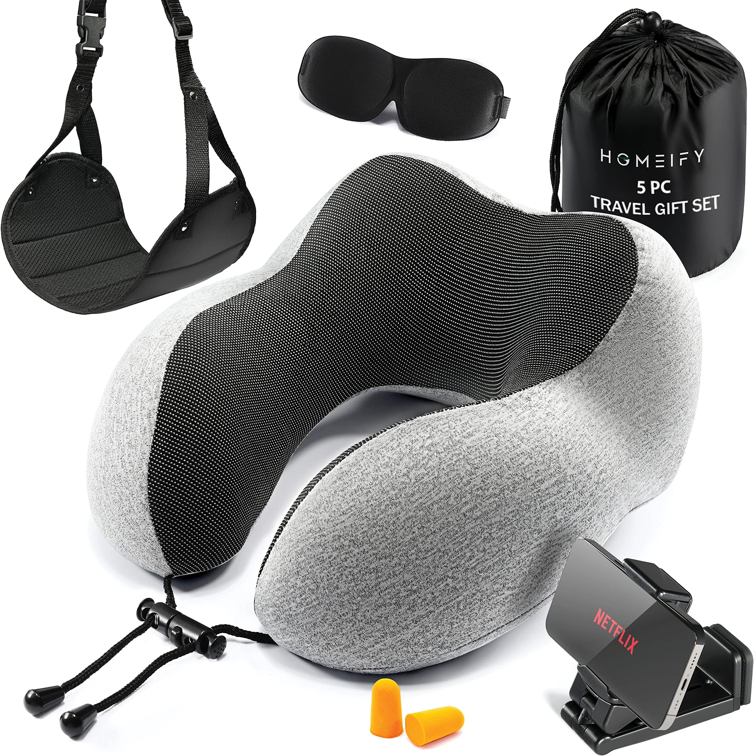 Homeify Airplane Neck Pillow Includes Travel Pillow + Airplane Phone Holder Mount + Eye Masks + Foot Hammock + Earplugs for Travel, 100% Pure Memory Foam Travel Pillow, 5 Pc Travel Kit, 2 Pack