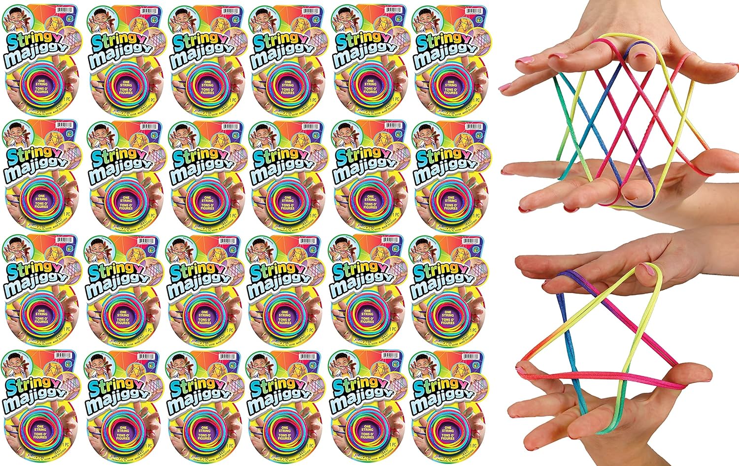 JA-RU Stringy Majiggy Cats Cradle - Chinese String Toys (12 Cats Cradle) Finger Hand String Tricks Games for Kids & Adults Girls & Boys. Rainbow Stretchy Rope. Party Stocking Stuffers. 736-12s