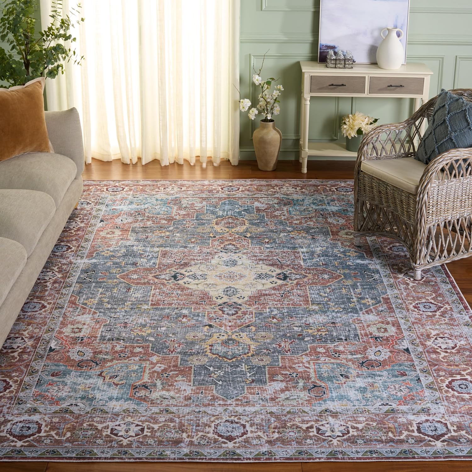 Safavieh Washable Rug Arizona Collection - 8' x 10', Rust & Blue Green, Slip Resistant & Easy to Clean, Ideal for Living Room, Bedroom, Home Office, Dining Space (ARZ126R)