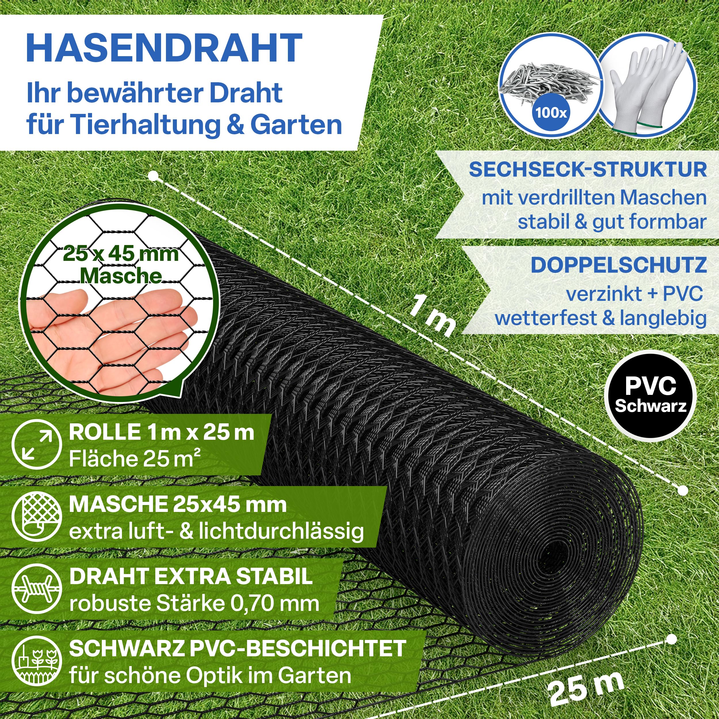 TTL GARDEN Guard-LINE Grillage pour lapin Noir 1 m x 25 m – Mailles 25 x 45