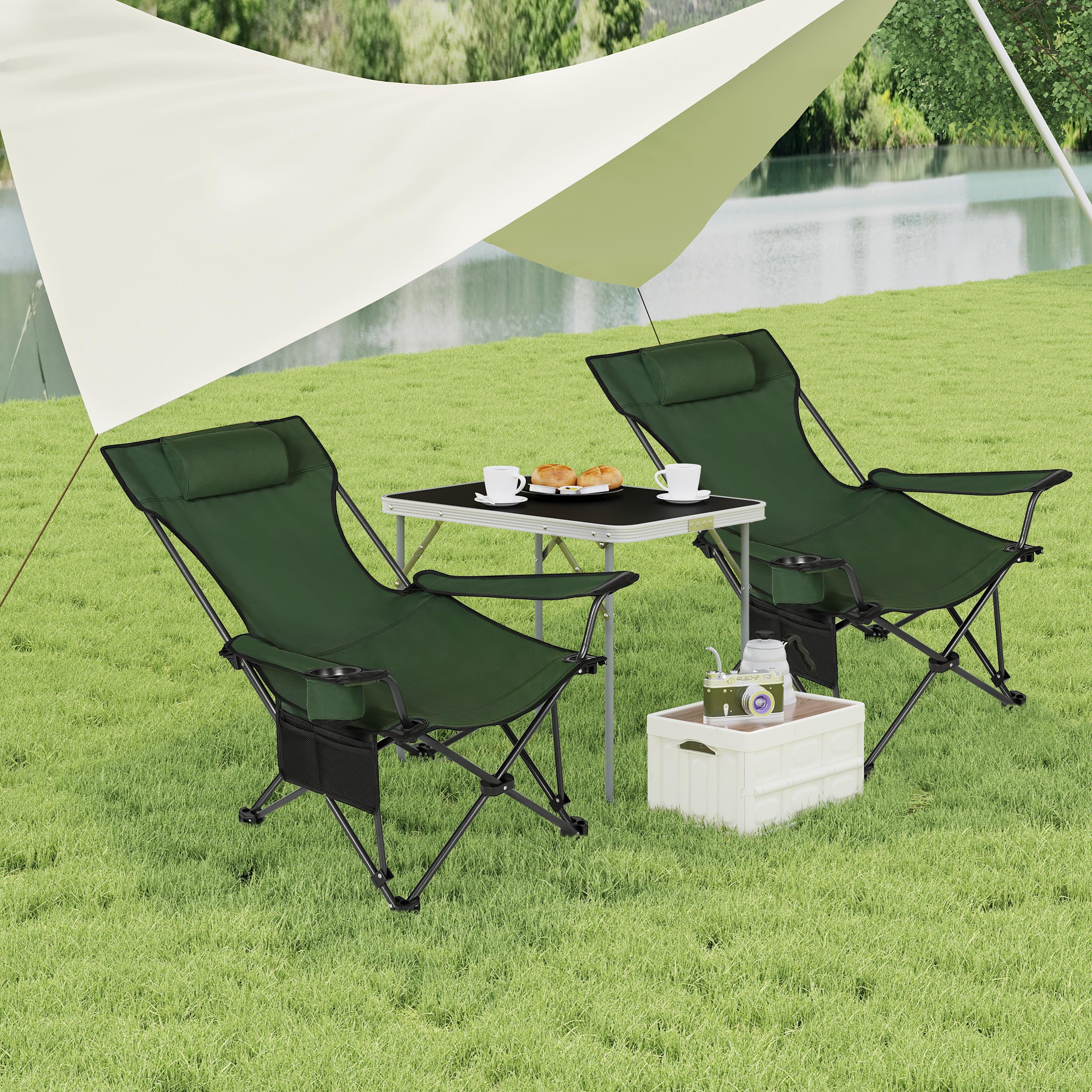 WOLTU Set di 2 Sedia da Campeggio Portatile Reclinabile, Sedia Pieghevole Esterno con Poggiapiedi, Poggiatesta e Borsa da Trasporto, per Pesca, Giardino, Verde