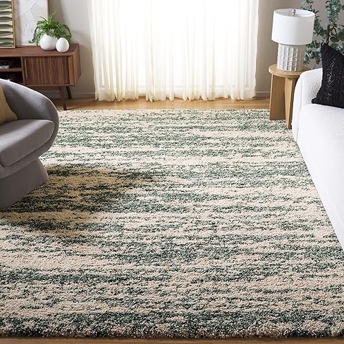 SAFAVIEH Hudson Shag Collection Area Rug - 9' x 12', Ivory & Green, Modern Design, Non-Shedding & Easy Care, 2-inch Thick Ideal for High Traffic Areas in Living Room, Bedroom (SGH206Y)