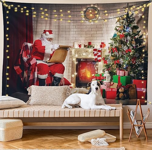 Miniatura 9 de Ambesonne Tapiz de Papá Noel, viejo Papá Noel sentado en casa en la noche de Navidad, leyendo una carta cerca del árbol, colgante de pared ancho