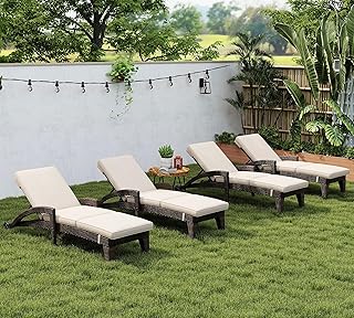 Chaise Lounge Chairs Set of 4, Upholstered 5-Positions Adjustable Pool L...