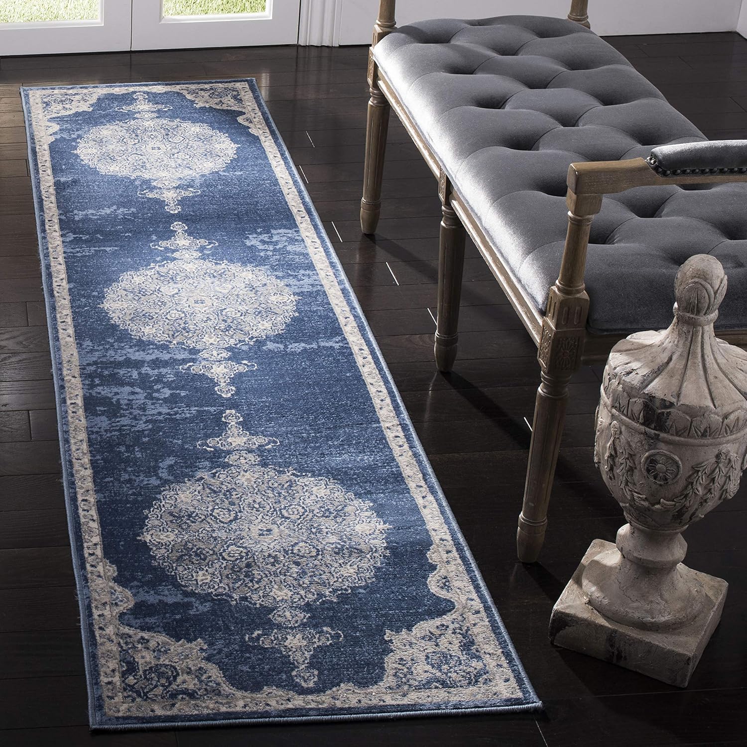 SAFAVIEH Brentwood Collection Runner Rug - 2' x 22', Navy & Light Grey, Medallion Distressed Design, Non-Shedding & Easy Care, Ideal for High Traffic Areas in Living Room, Bedroom (BNT867M)