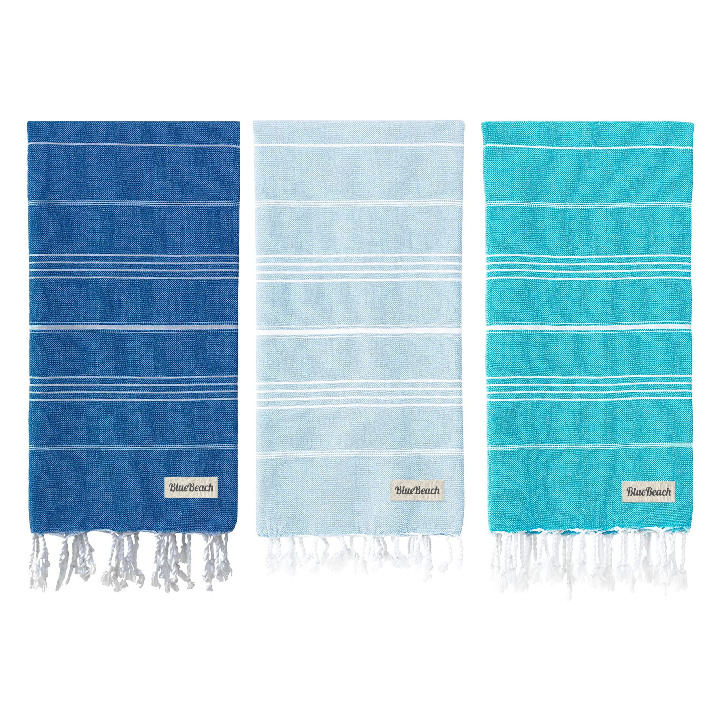 Blue Beach 3 Set Turkish Beach Towels-100x180cm Large Turkish Hammam Peshtemal Towel - Super Absorbent, Lightweight, Compact for Swimming, Bath, Gym, Sauna and Travel (Blue,Sky Blue,Turquoise)