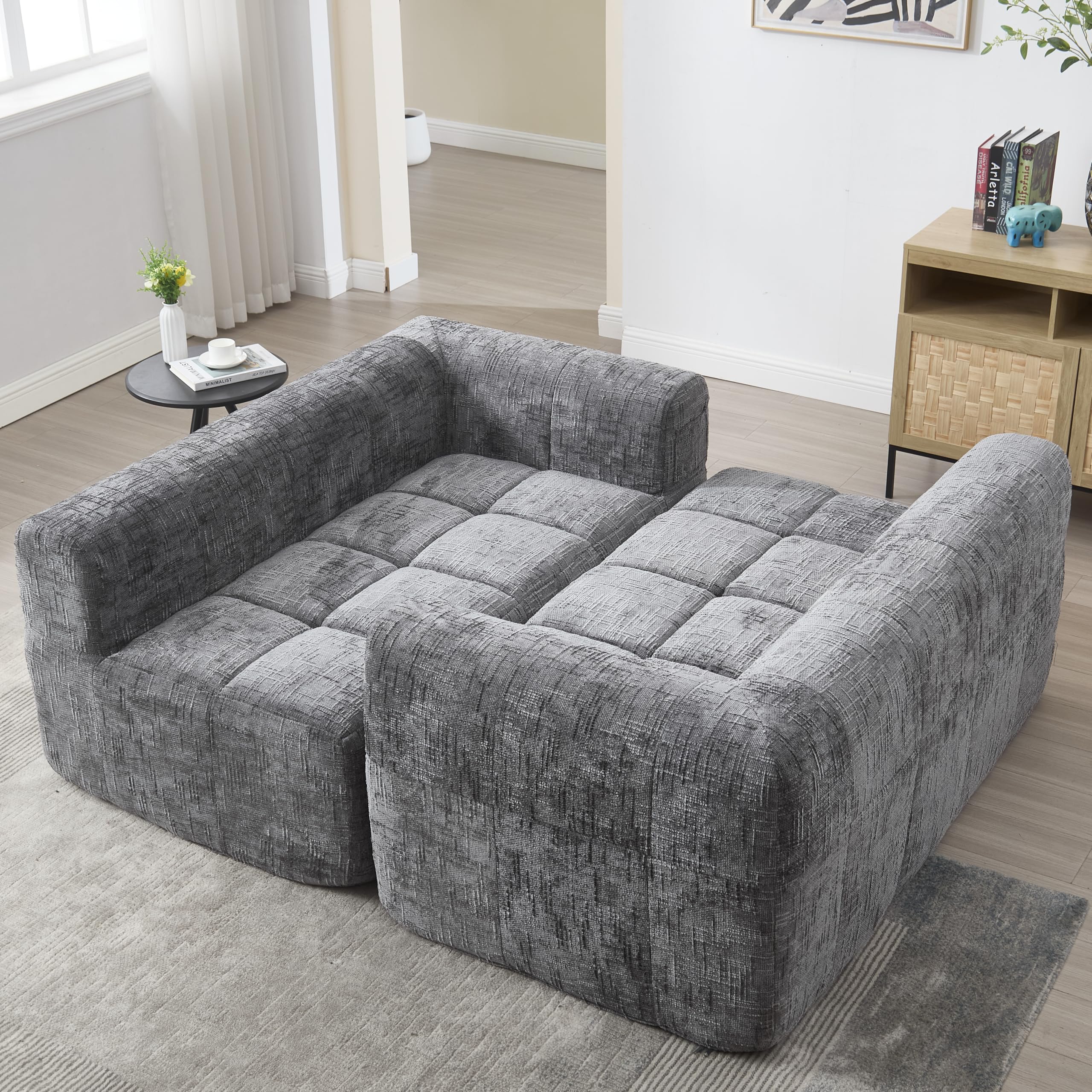YESGIGA Bequemes Chaiselongue-Sofa, kein Zusammenbau erforderlich, weiches Sofa mit Kissen, Seitentaschen für Fernbedienung und Mobiltelefon (Grau 2 Sitzer)