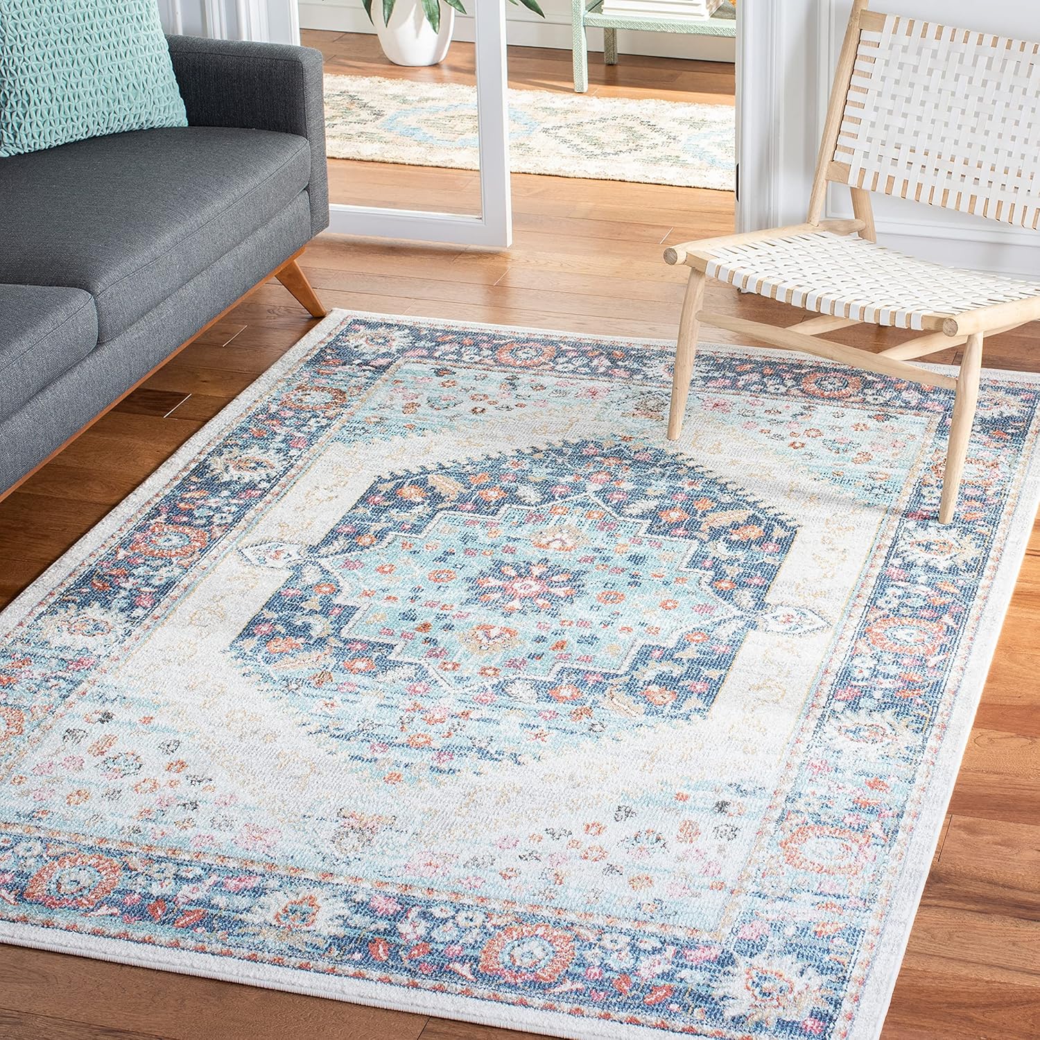 SAFAVIEH Area Rug 8x10 - Phoenix Collection - Large - Ivory & Blue, Boho Chic Oriental Medallion Design, Non-Shedding & Easy Cleaning, Ideal for Living Room, Bedroom, Office, Dining Space (PHX291A)