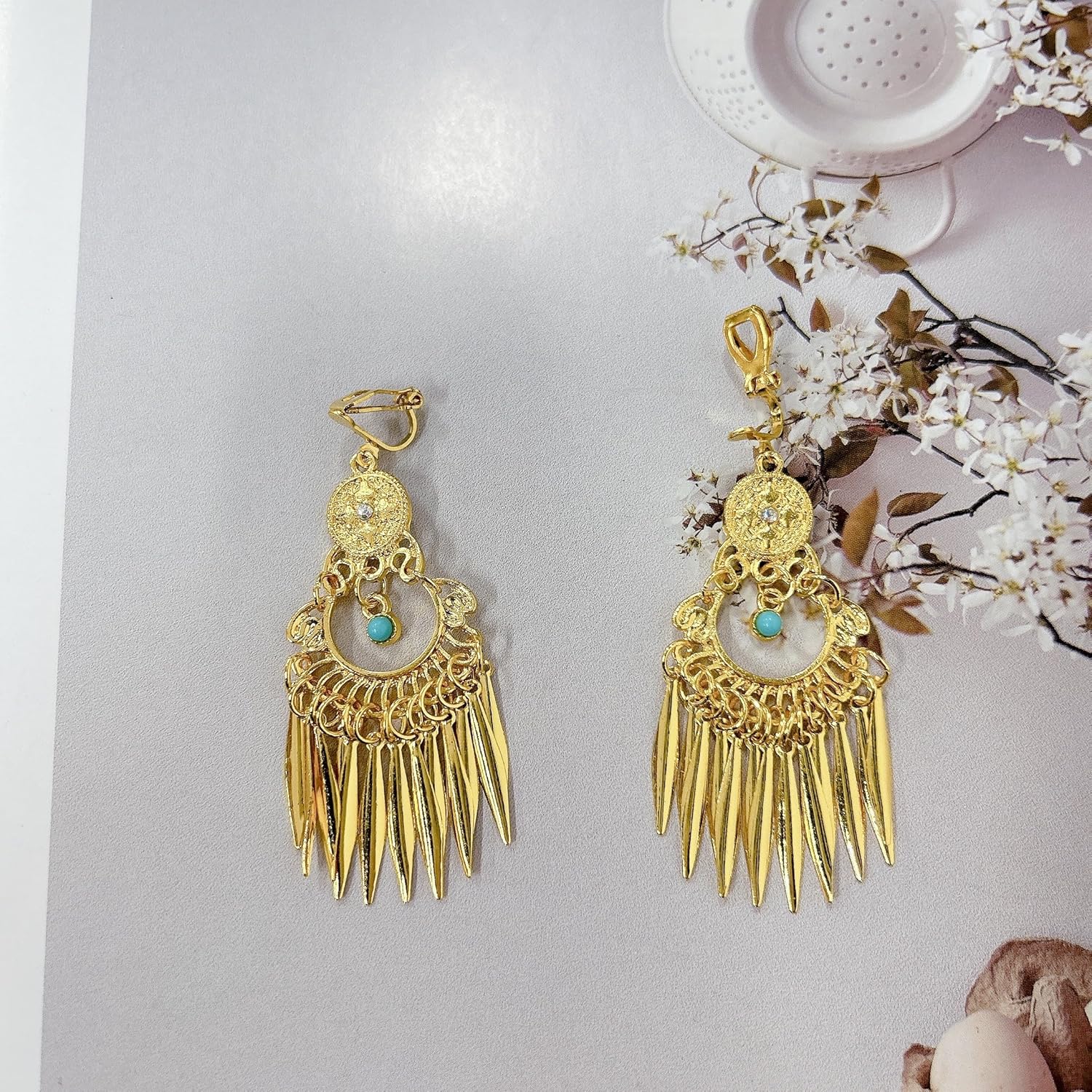 Boho Turquoise Dangle Long Tassel Indian Statement Clip on Earring Ethnic for Women Bollywood Traditional Gypsy Bohemian Gold-Tone Drop Festival Holiday Party Non Pierced Ears Jewelry Gifts - Image 4