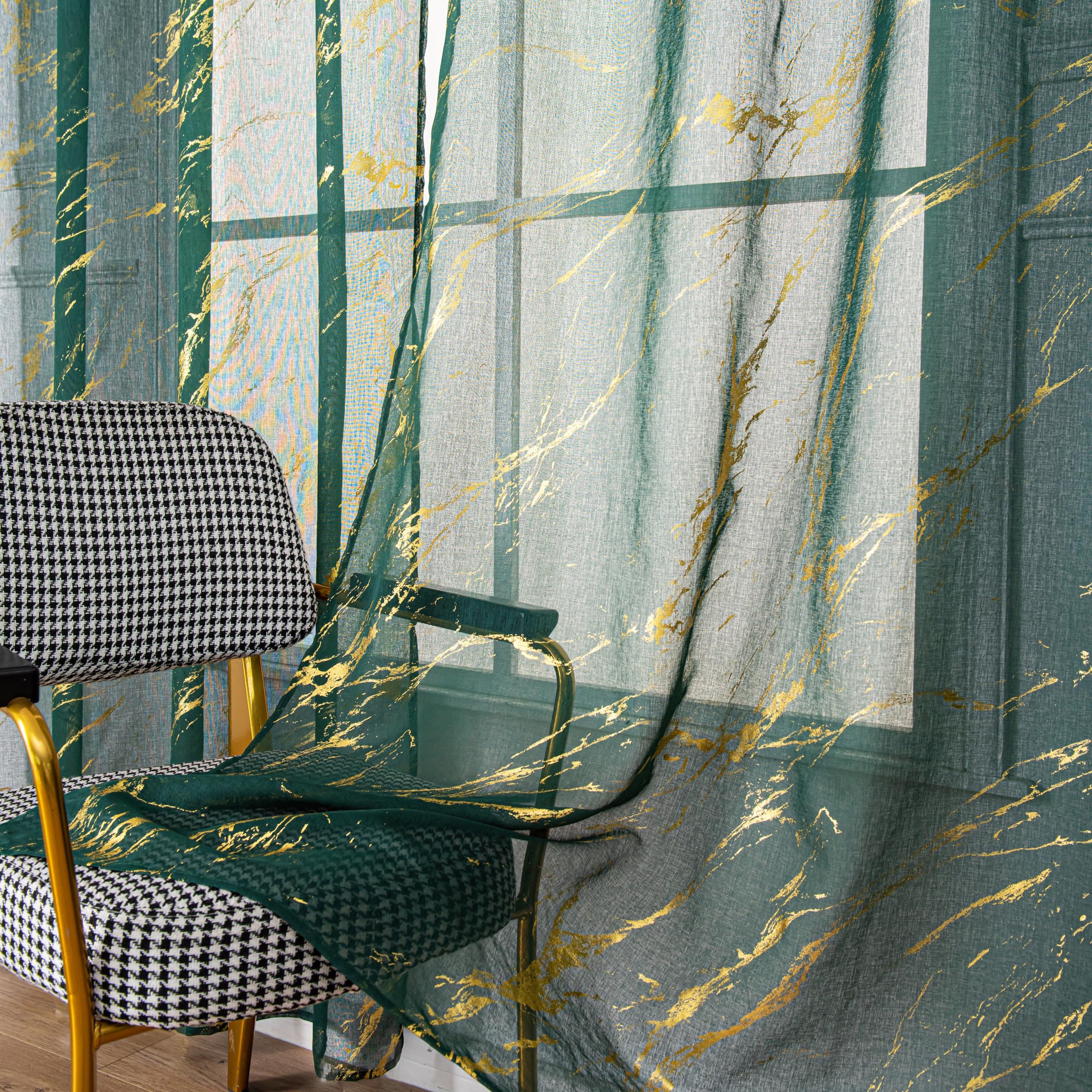 Photo 1 of Lavyhuno Gold Sheer Curtains 84 inch Long 2 Panels Set Rod Pocket Drapes for Bedroom Christmas Decor, Metallic Golden Foil Marble Print Window Treatment Privacy, 52" W x 84" L, Emerald Green