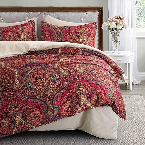 Get Bed Ready Juego de funda de edredón de medallón de cachemira bohemio, alfombra tradicional antigua, damasco vintage, patrón bohemio, elegante