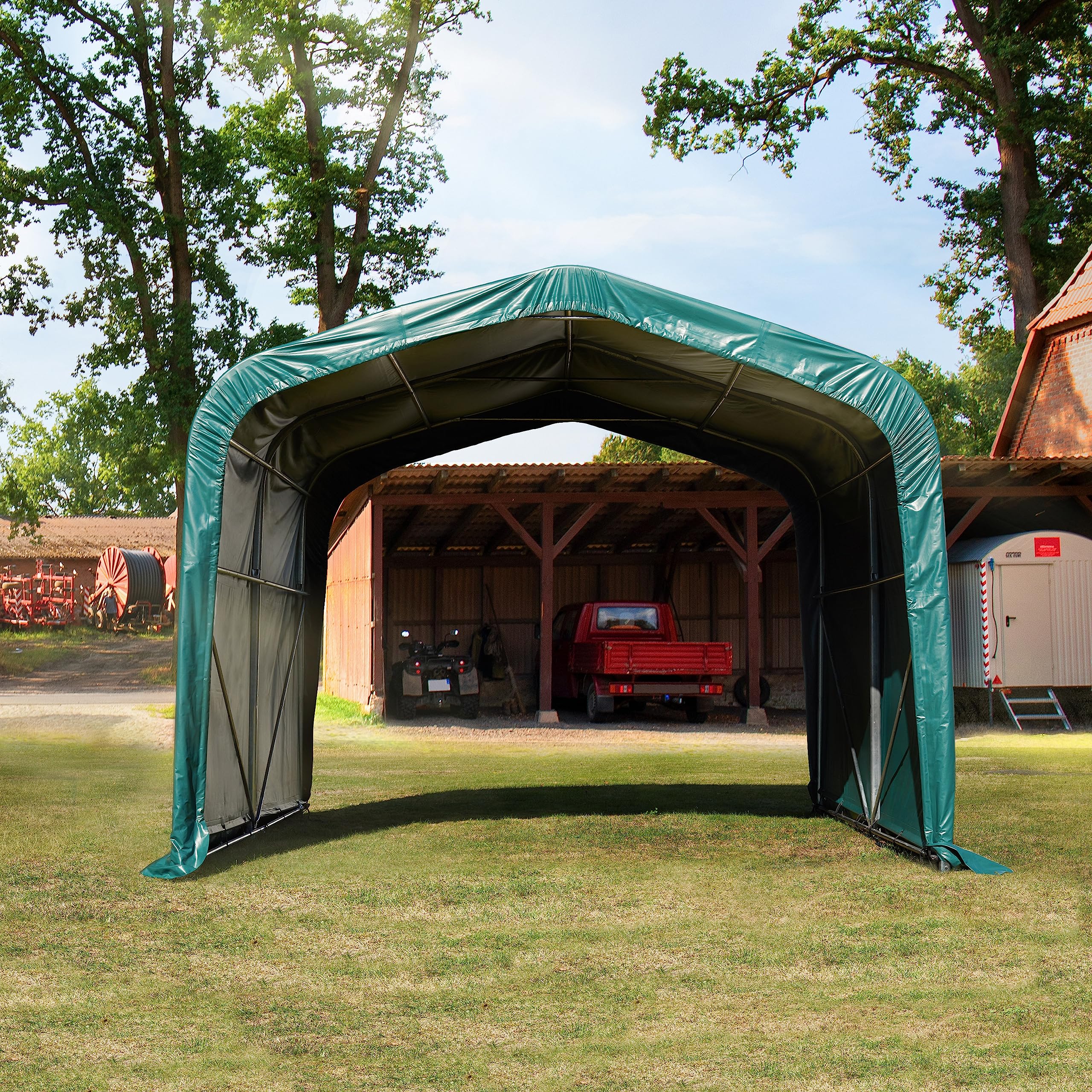 TOOLPORT Weideunterstand 4x4 m PVC Plane 850N Lagerzelt Unterstand grün für Erduntergrund